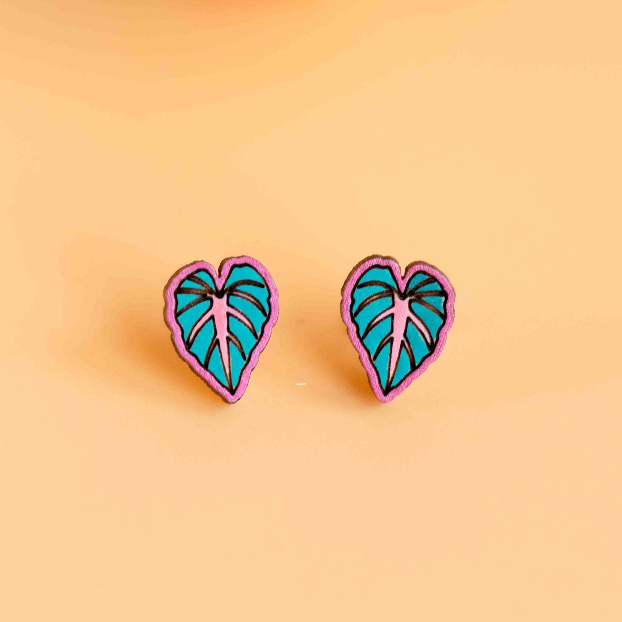 Hand - painted Pink Alocasia Leaf Wooden Earrings - PEO14163 - Robin Valley Official Store