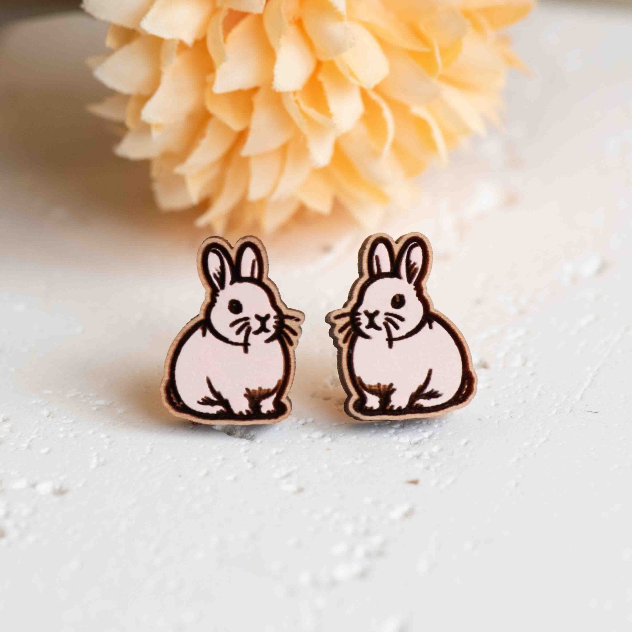 Hand - painted Pink Bunny Wooden Stud Earrings - PEL10434 - Robin Valley Official Store