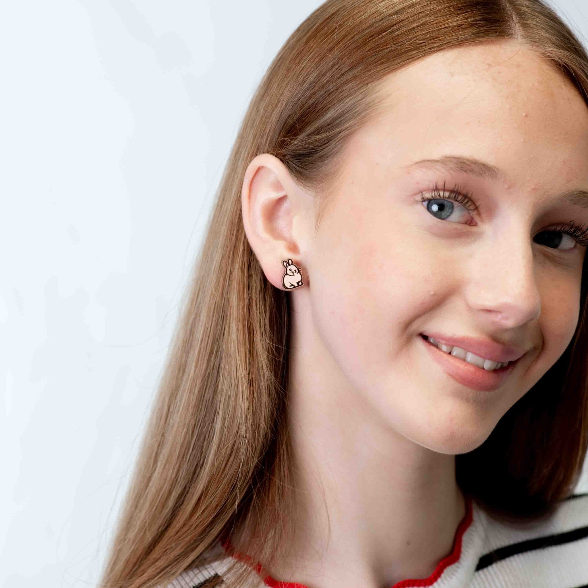 Hand - painted Pink Bunny Wooden Stud Earrings - PEL10434 - Robin Valley Official Store