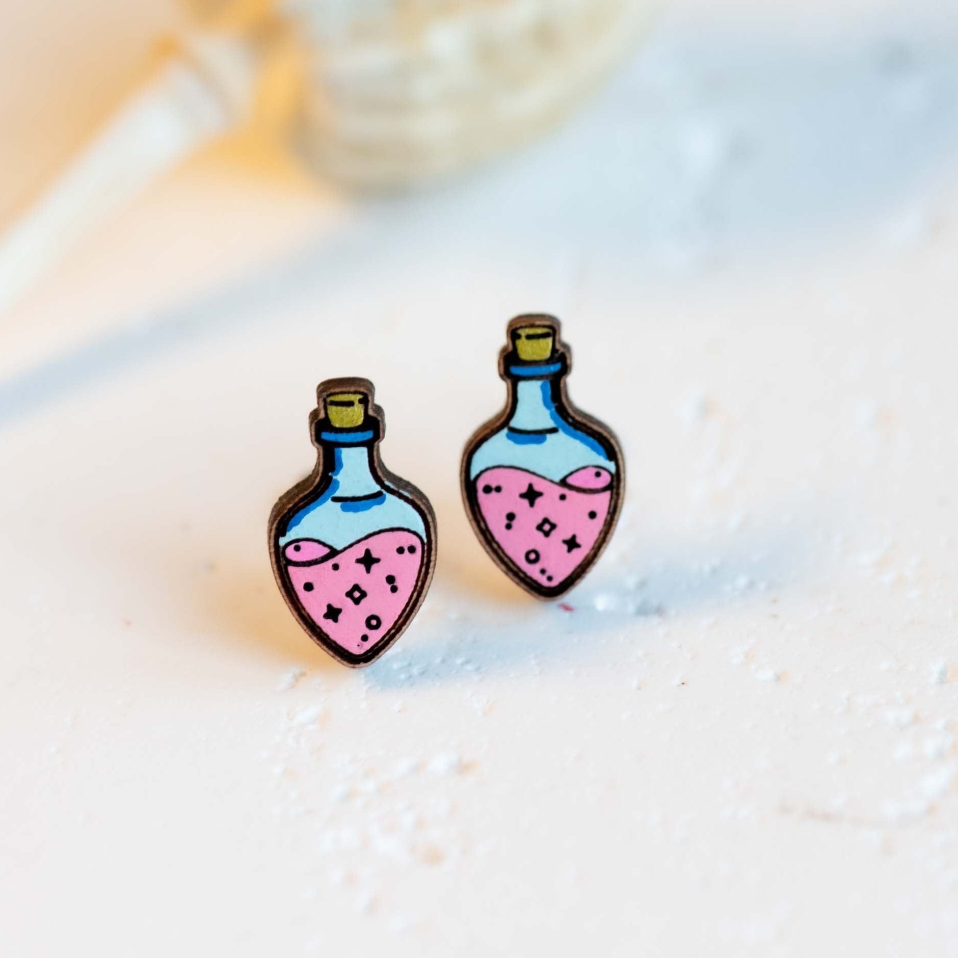 Hand - painted Pink Love Potion Wooden Earrings - PET15313 - Robin Valley Official Store