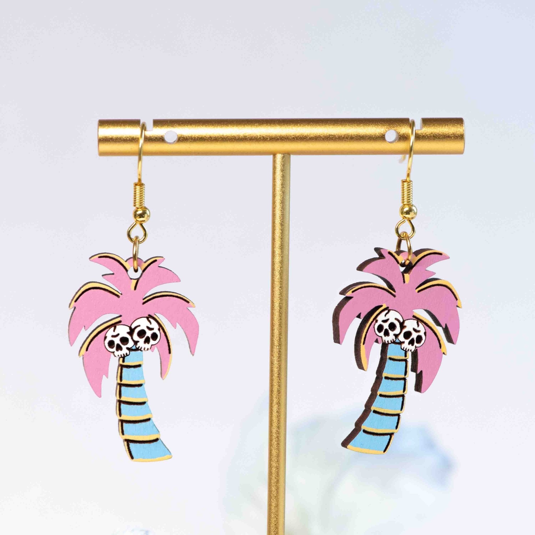 Hand - painted Pink Skull Coconut Palm Tree Wooden Hook Earrings - PEO14257D - Robin Valley Official Store