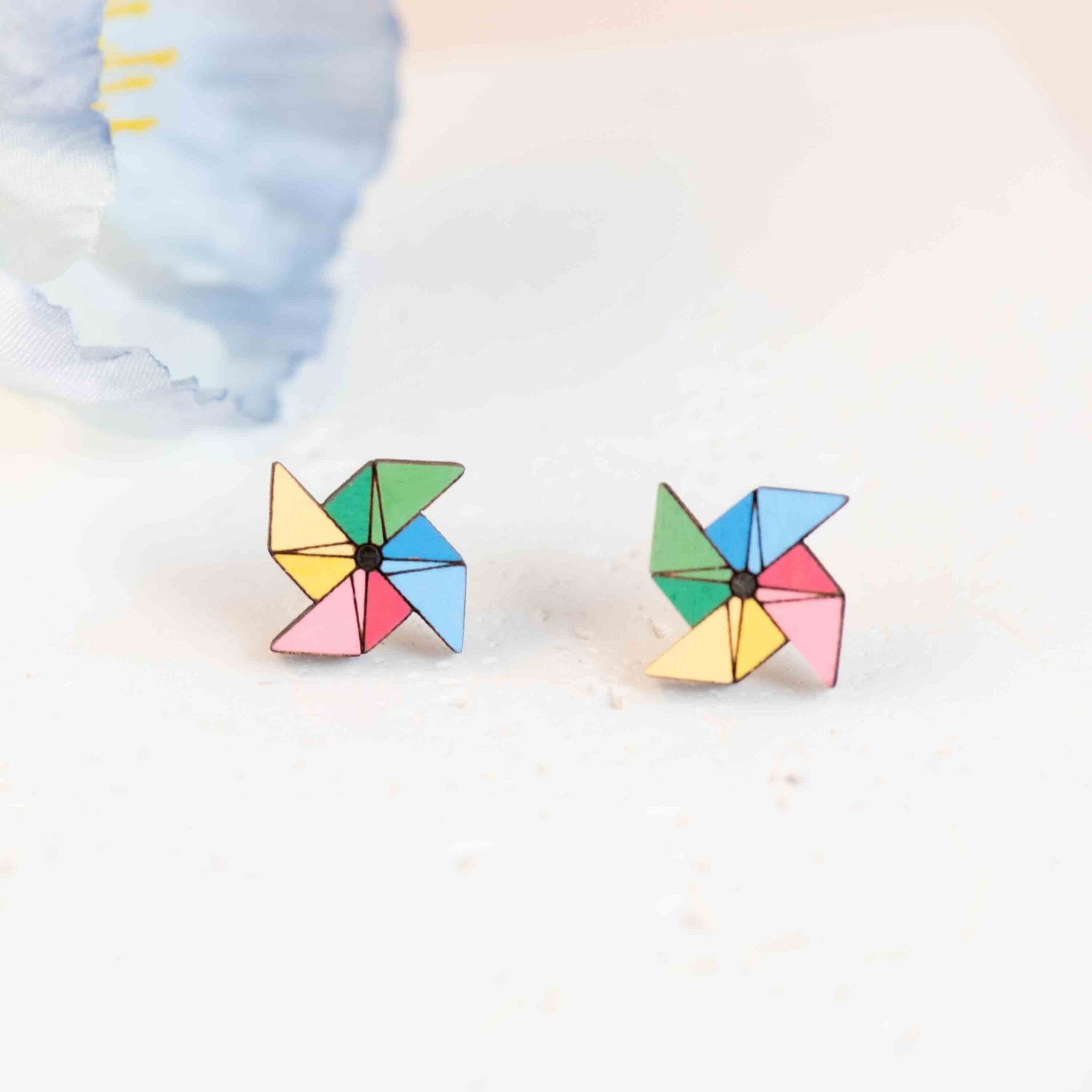 Hand - painted Pinwheel Wooden Stud Earrings - PET15460 - Robin Valley Official Store