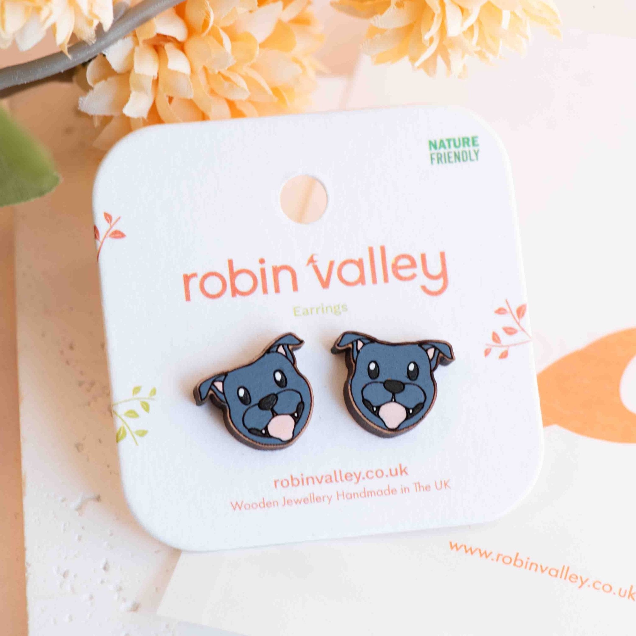 Hand - painted Pit Bull Dog Wooden Stud Earrings - PEL10422 - Robin Valley Official Store