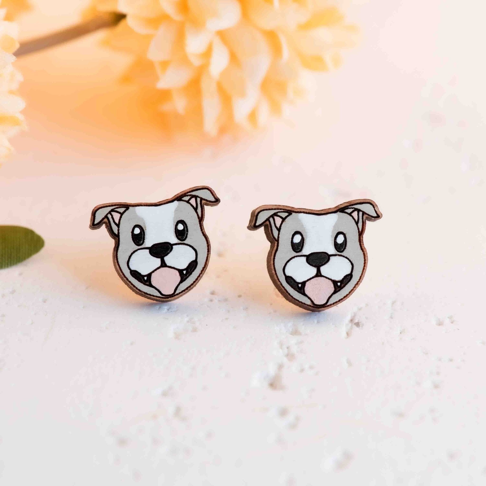 Hand - painted Pit Bull Dog Wooden Stud Earrings - PEL10422 - Robin Valley Official Store