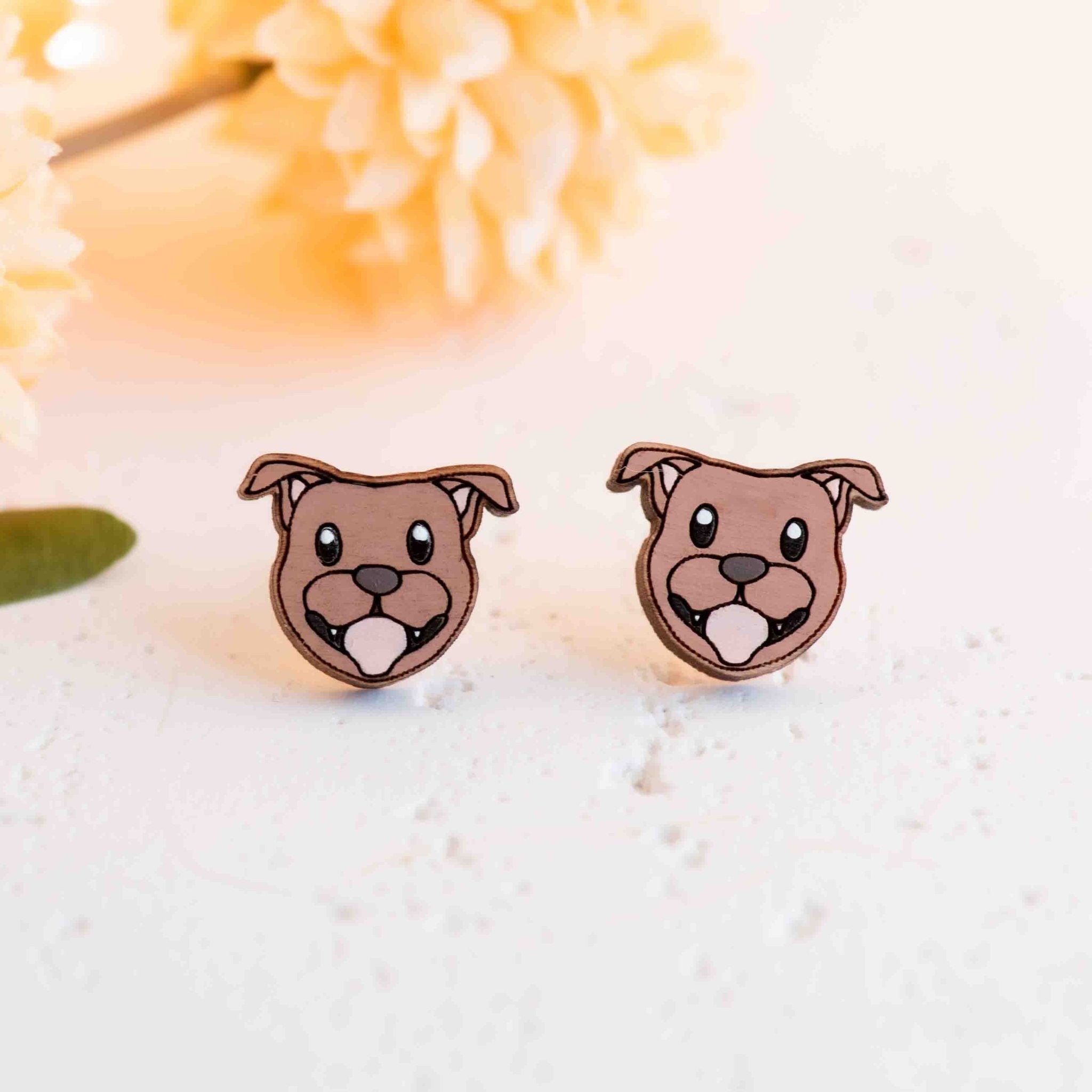 Hand - painted Pit Bull Dog Wooden Stud Earrings - PEL10422 - Robin Valley Official Store