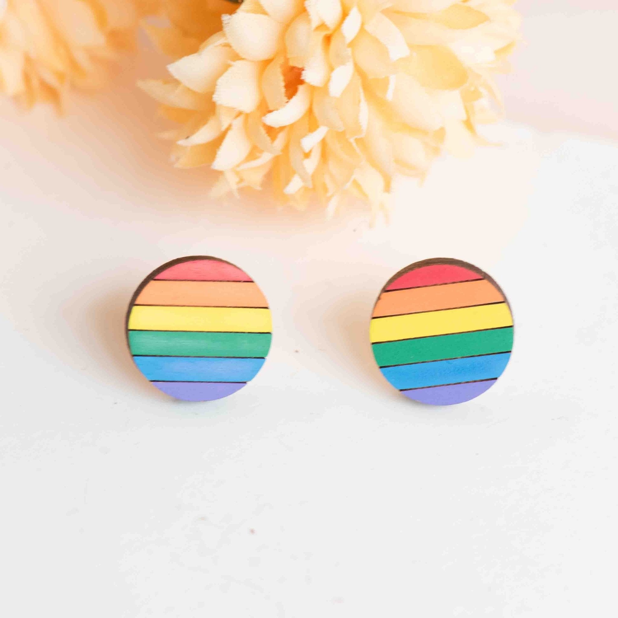 Hand - painted Pride Flag Rainbow Round Wooden Stud Earrings - PET15468 - Robin Valley Official Store
