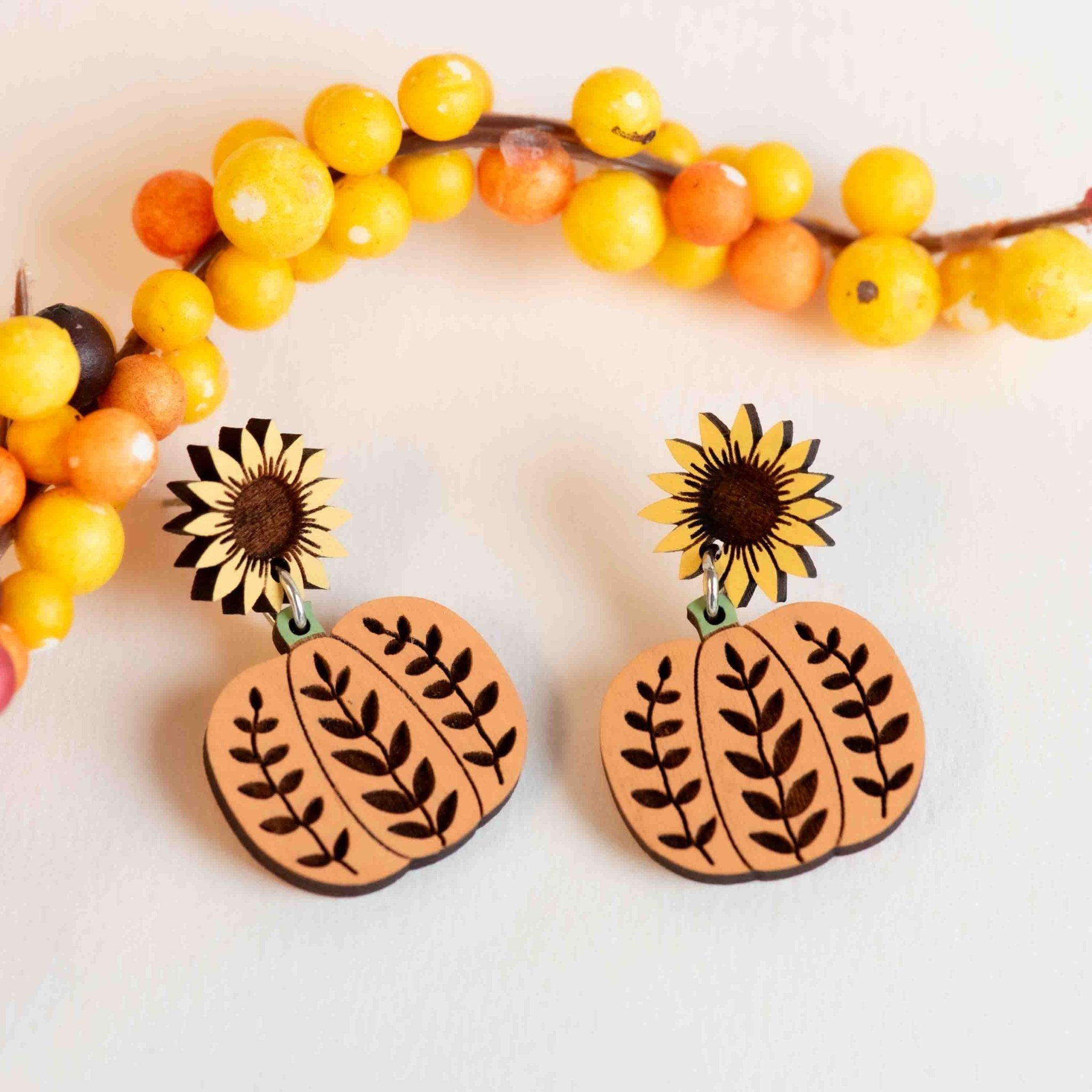 Hand - painted Pumpkin Sunflower Wooden Drop Earrings - PEO14261D - Robin Valley Official Store