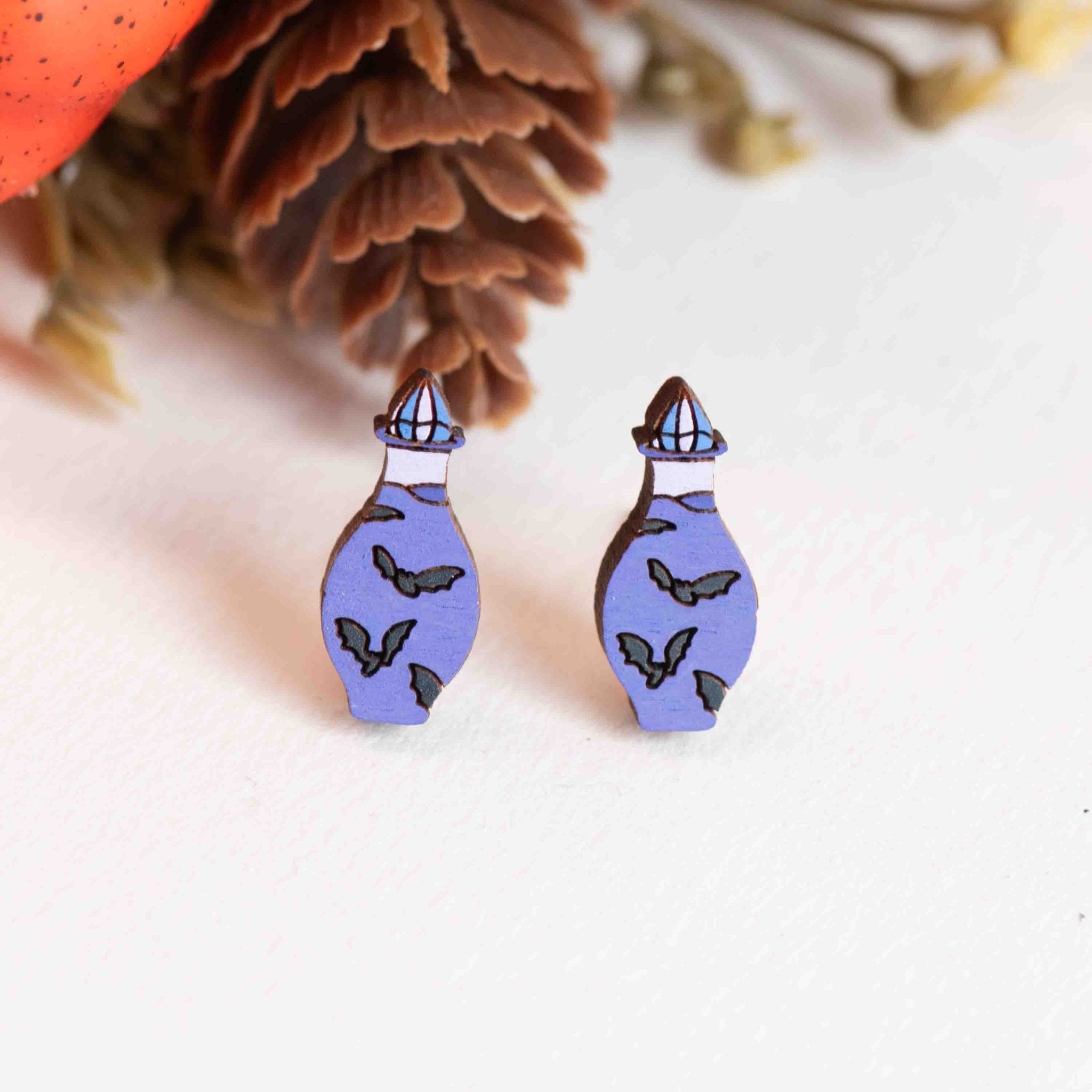 Hand - painted Purple Bat Potion Wooden Stud Earrings - PET15486 - Robin Valley Official Store