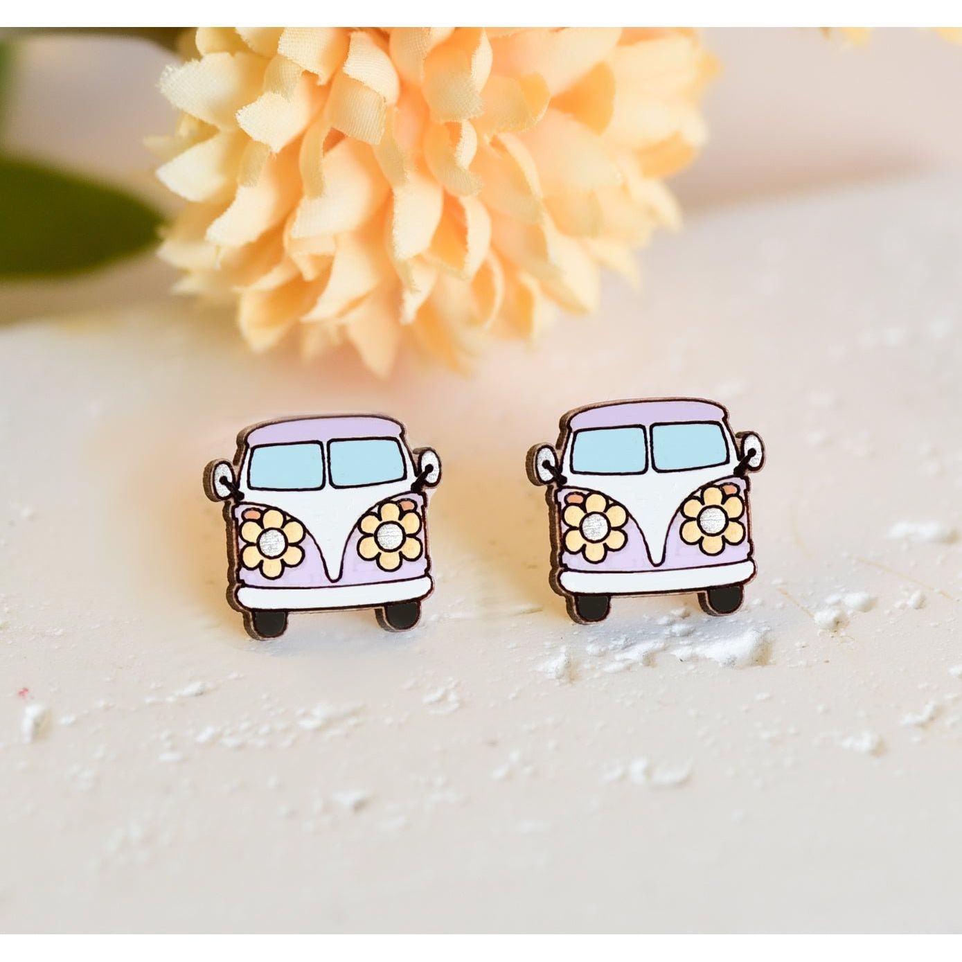 Hand - painted Purple Flower Caravan Car Wooden Earrings - Robin Valley Official Store