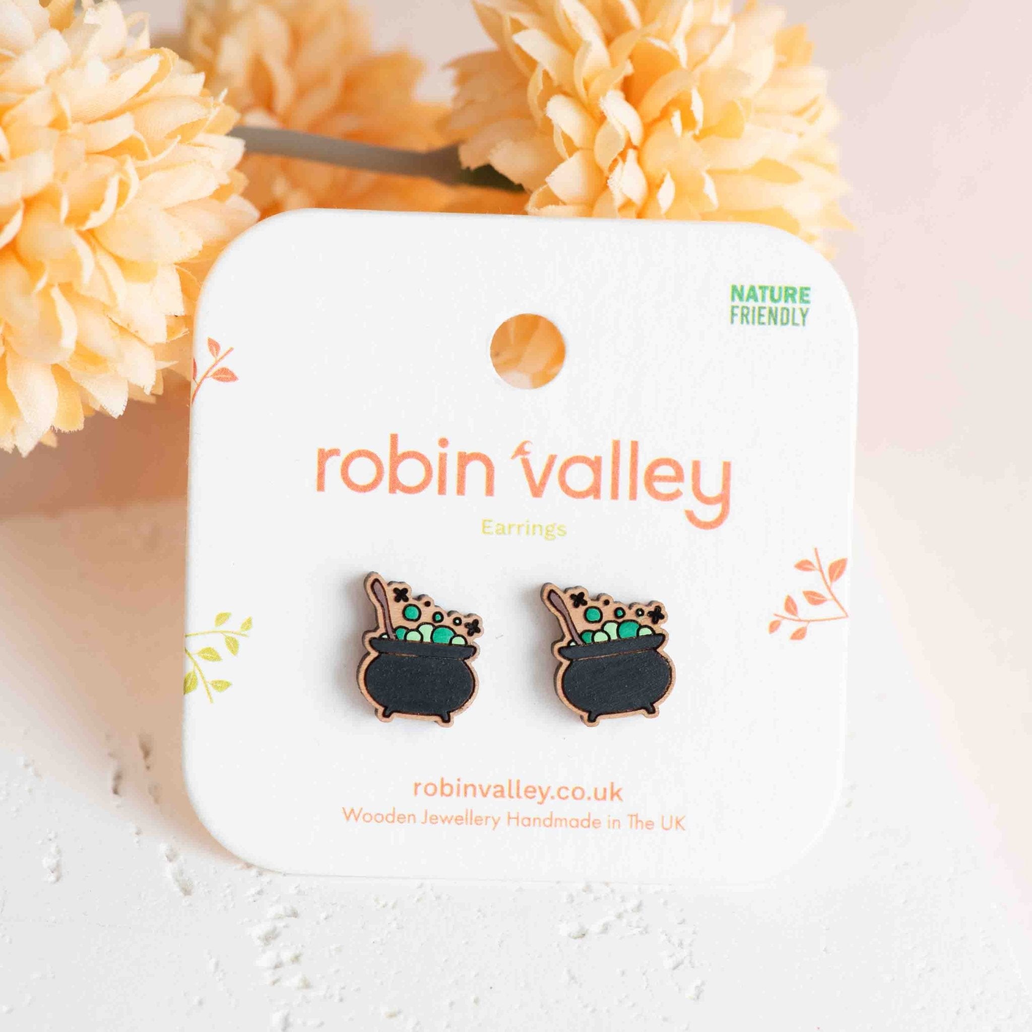 Hand - painted Purple / Green Cauldron Wooden Stud Earrings - PET15007 - Robin Valley Official Store