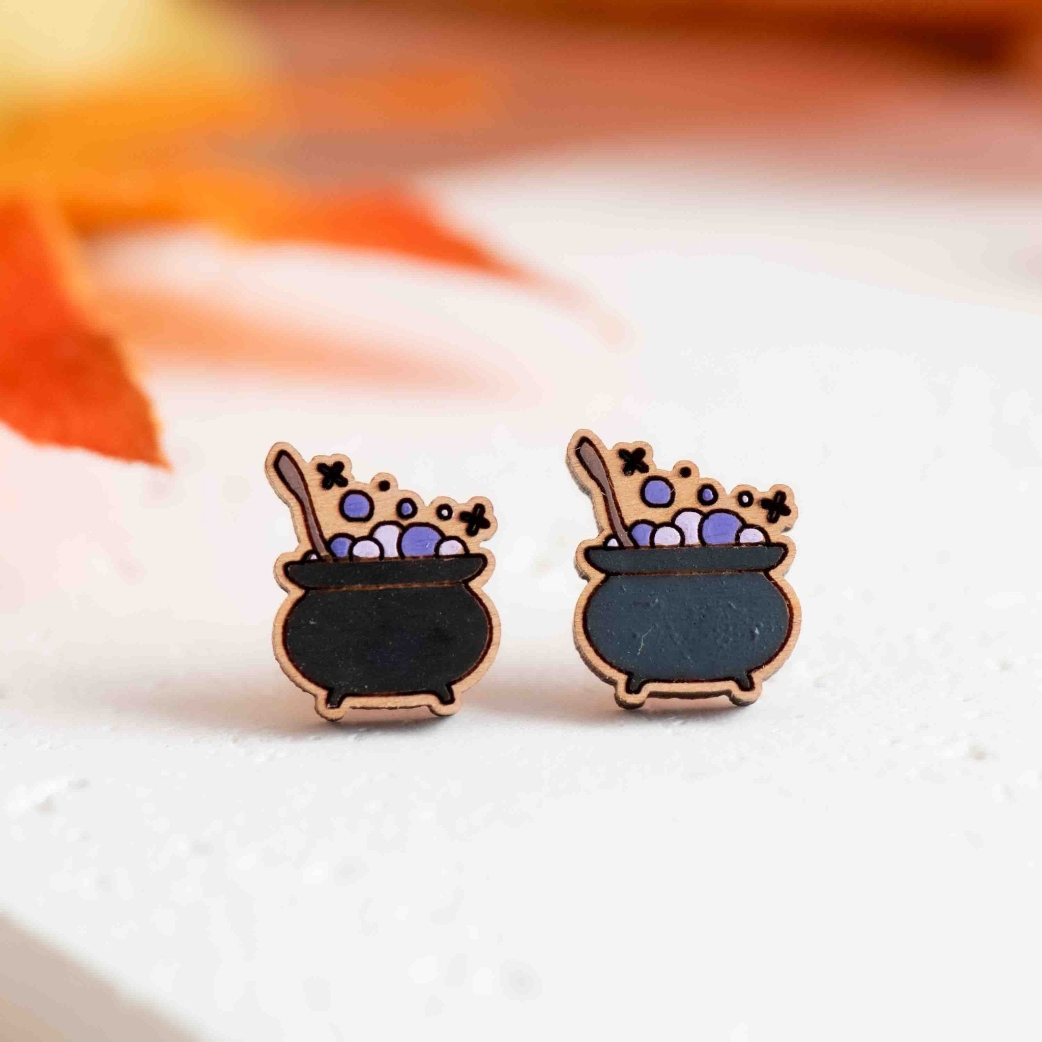 Hand - painted Purple / Green Cauldron Wooden Stud Earrings - PET15007 - Robin Valley Official Store