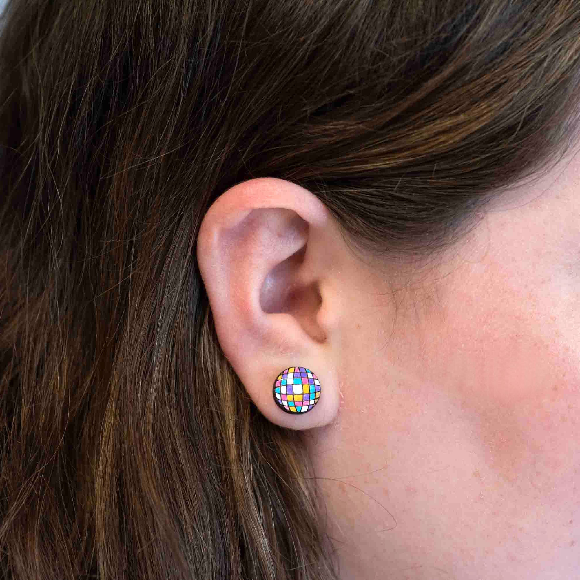 Hand - painted Rainbow Disco Ball Wooden Earrings - PET15121 - Robin Valley Official Store
