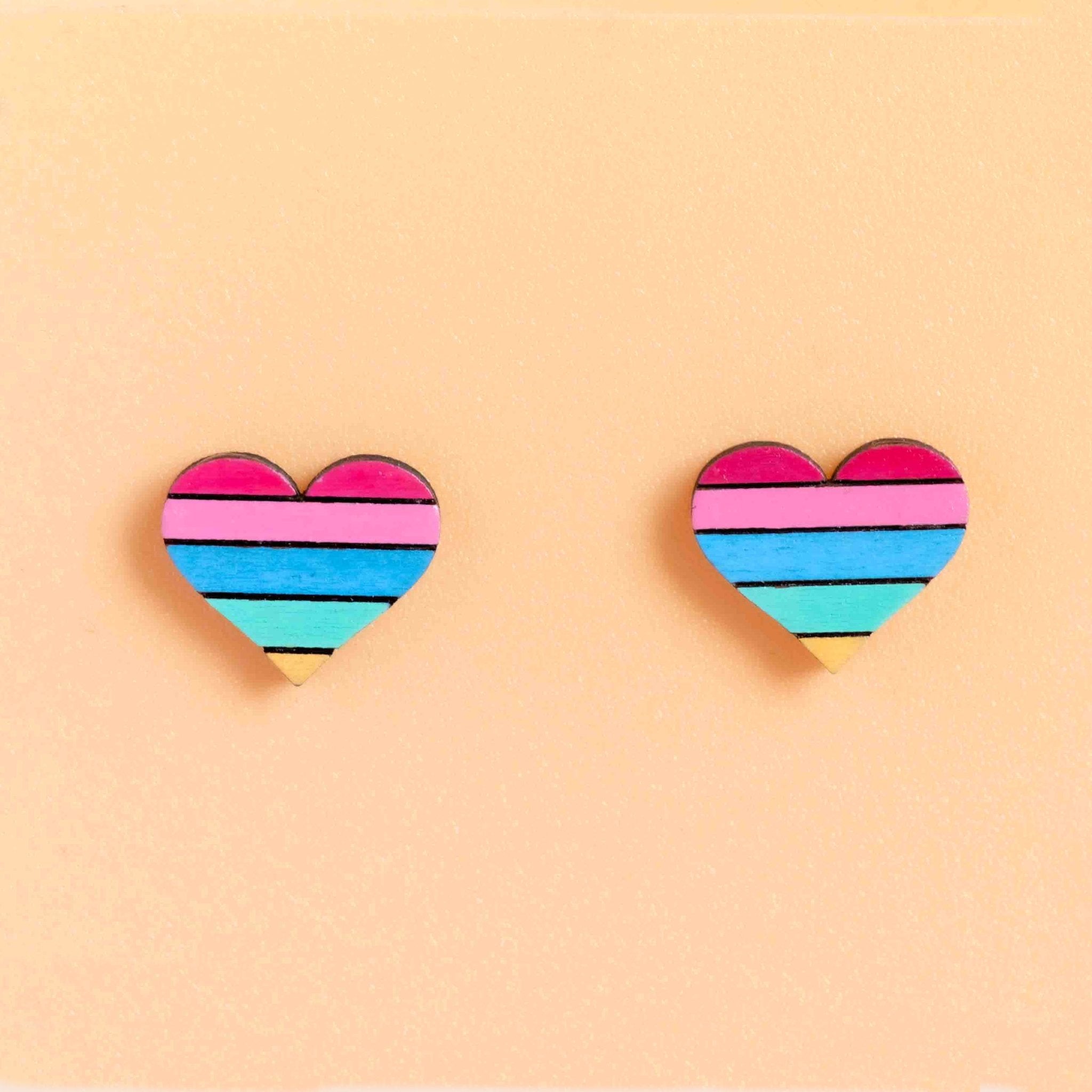 Hand - painted Rainbow Heart Wooden Earrings - PEA16058 - Robin Valley Official Store