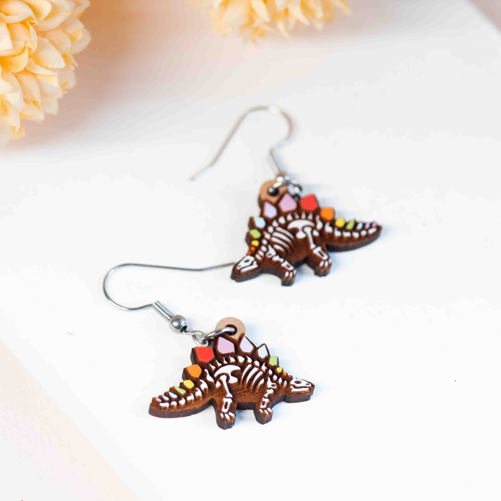 Hand - painted Rainbow Stegosaurus Wooden Hook Earrings - PEO14010D - Robin Valley Official Store
