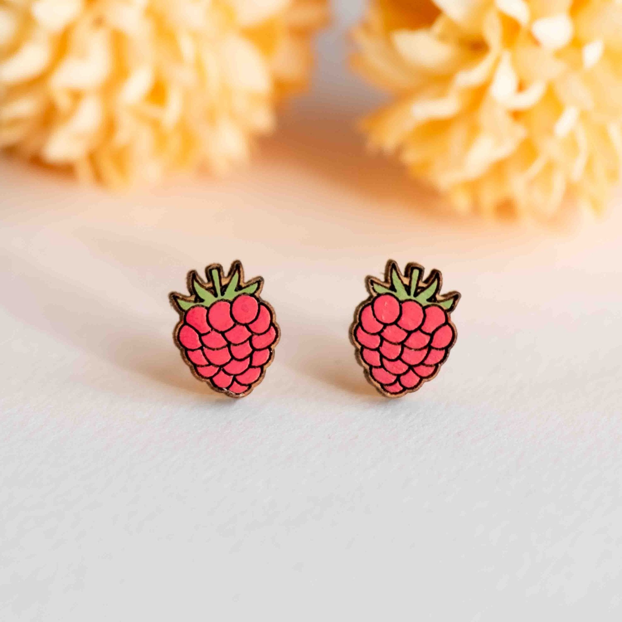 Hand - Painted Raspberry Wooden Earrings - PEO14204 - Robin Valley Official Store