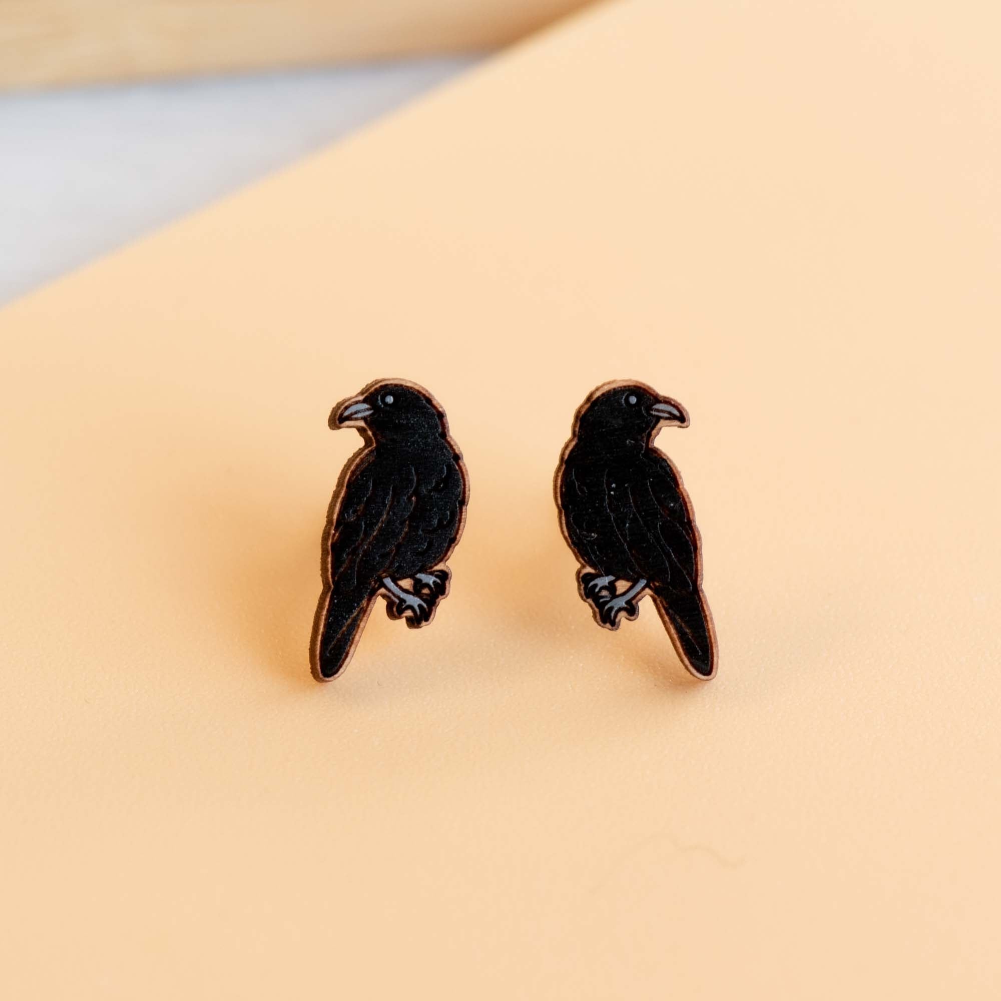 Hand - painted Raven Wooden Earrings - PEB12068 - Robin Valley Official Store