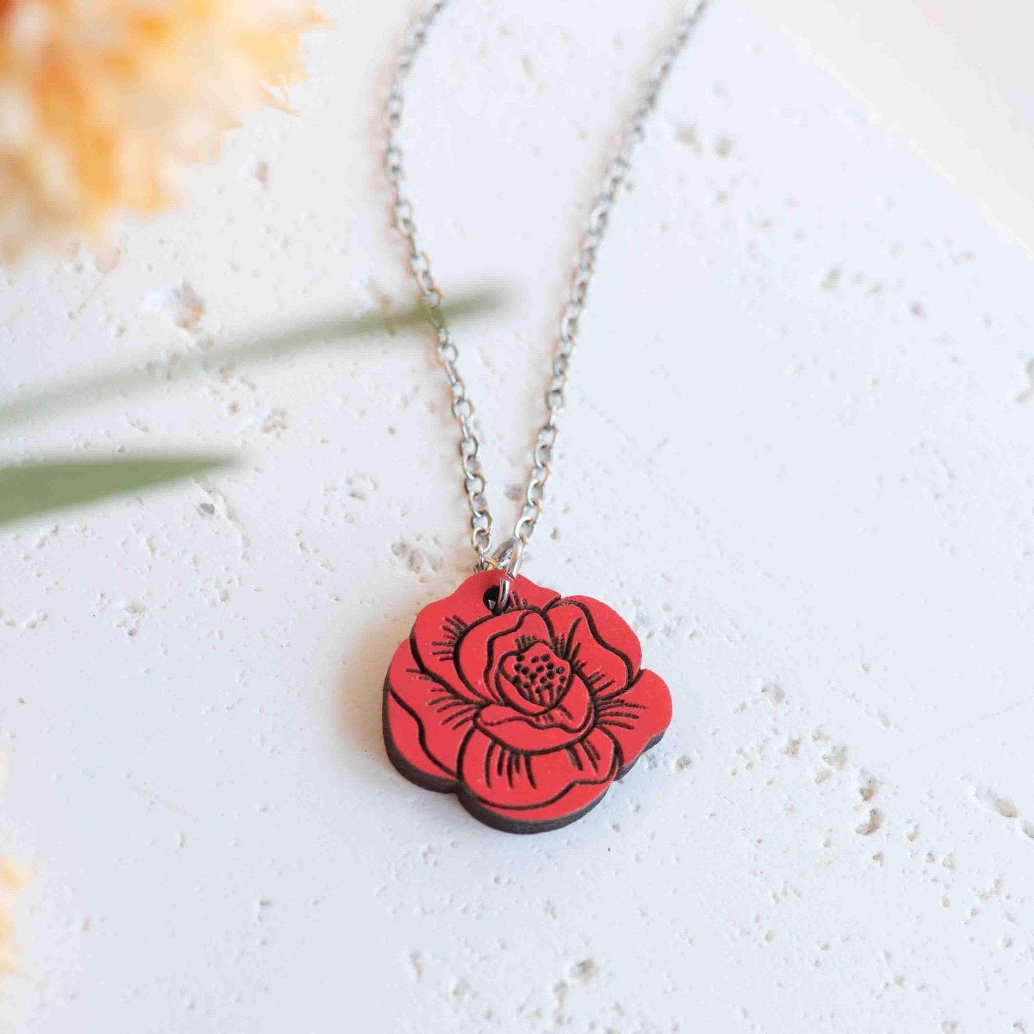 Hand - Painted Realistic Red Rose Wooden Necklace - NO64253 - Robin Valley Official Store