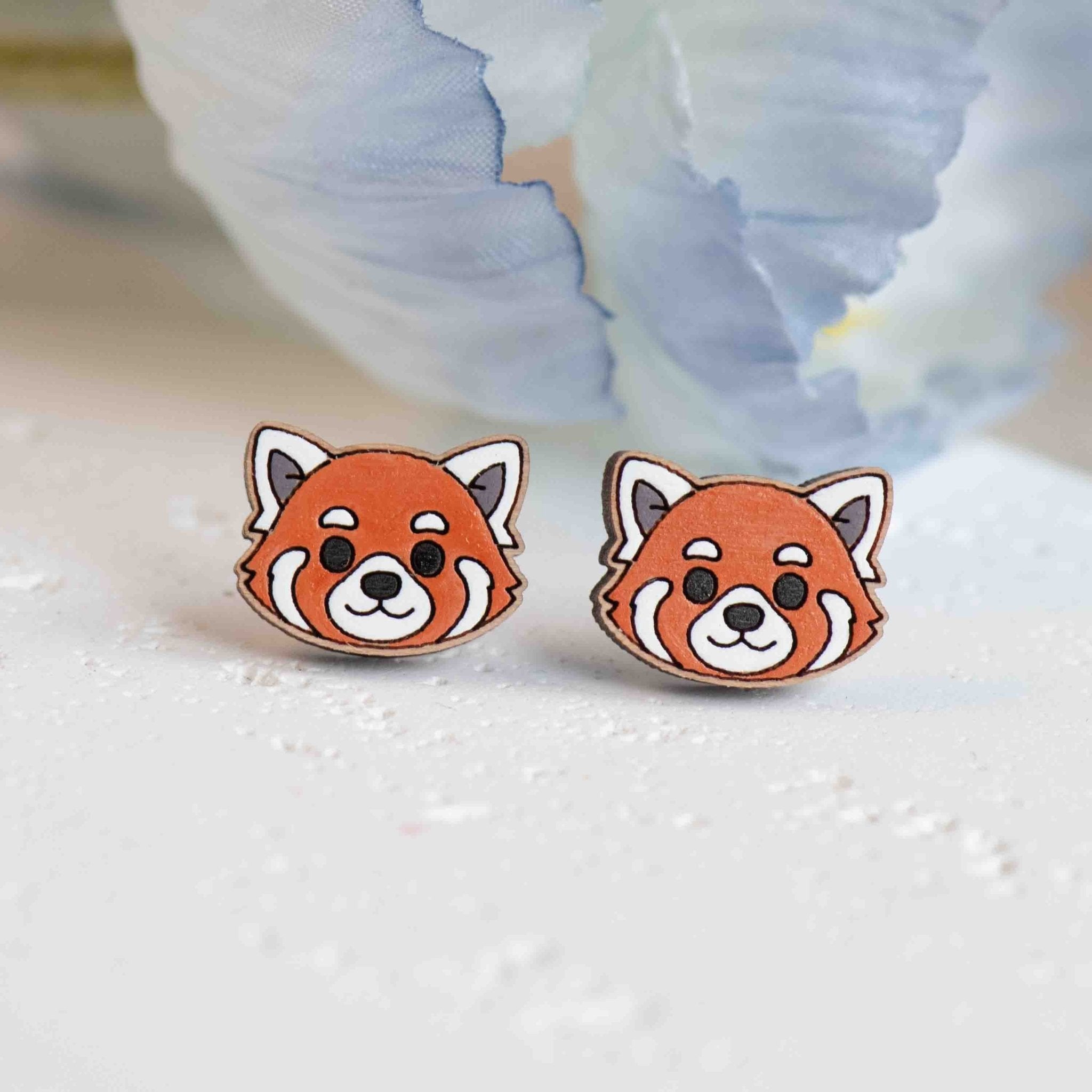 Hand - painted Red Panda Head Wooden Stud Earrings - PEL10439 - Robin Valley Official Store