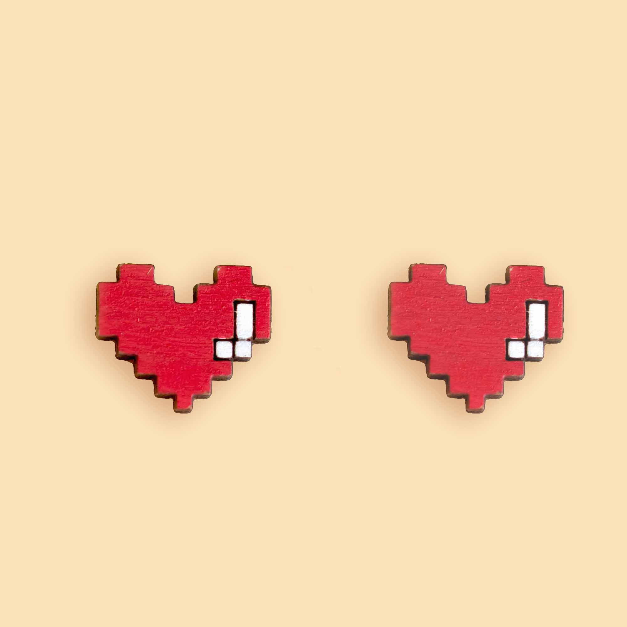 Hand - painted Red Pixel Heart Stud Earrings - PET15228 - Robin Valley Official Store