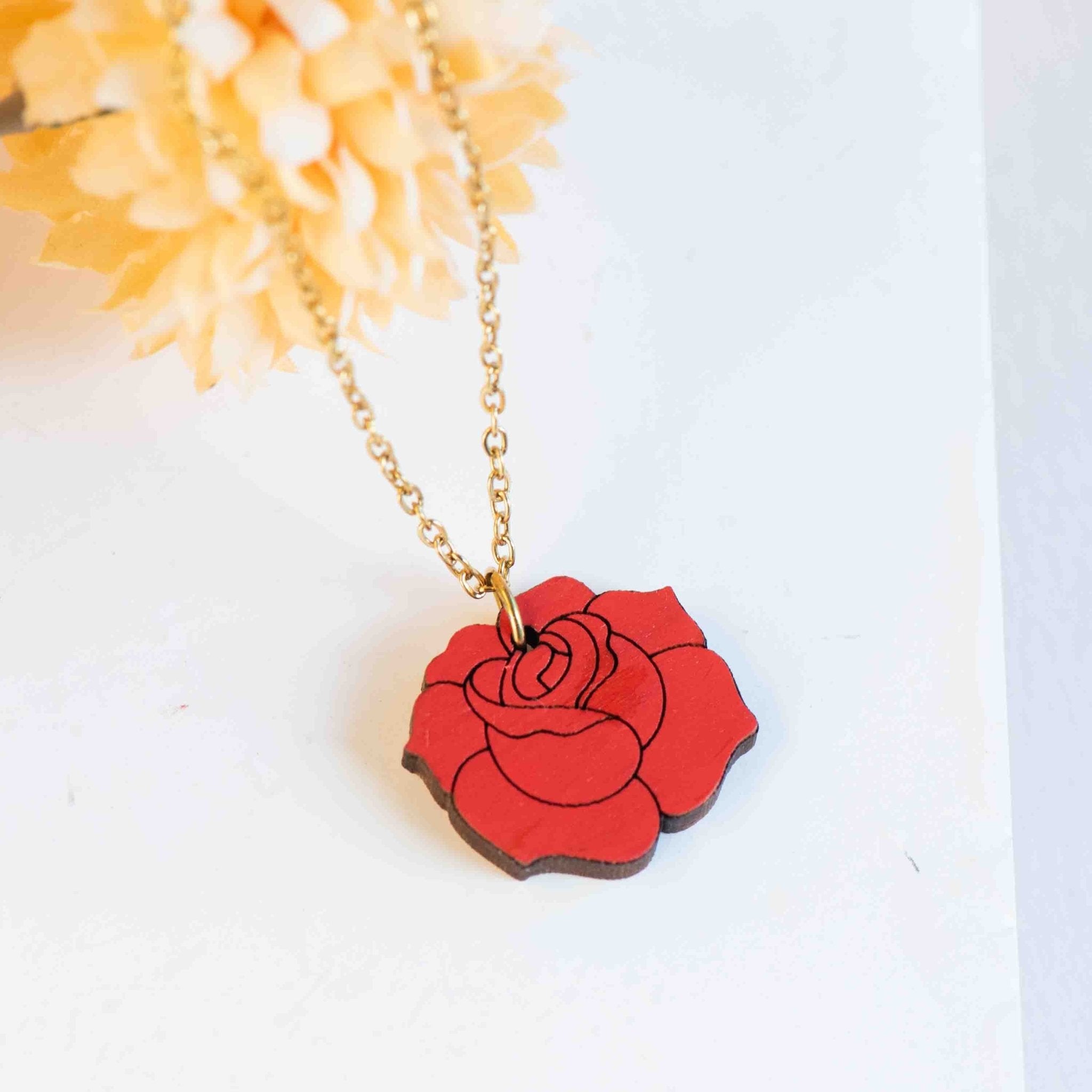 Hand Painted Red Rose Wooden Necklace - NO64076 - Robin Valley Official Store