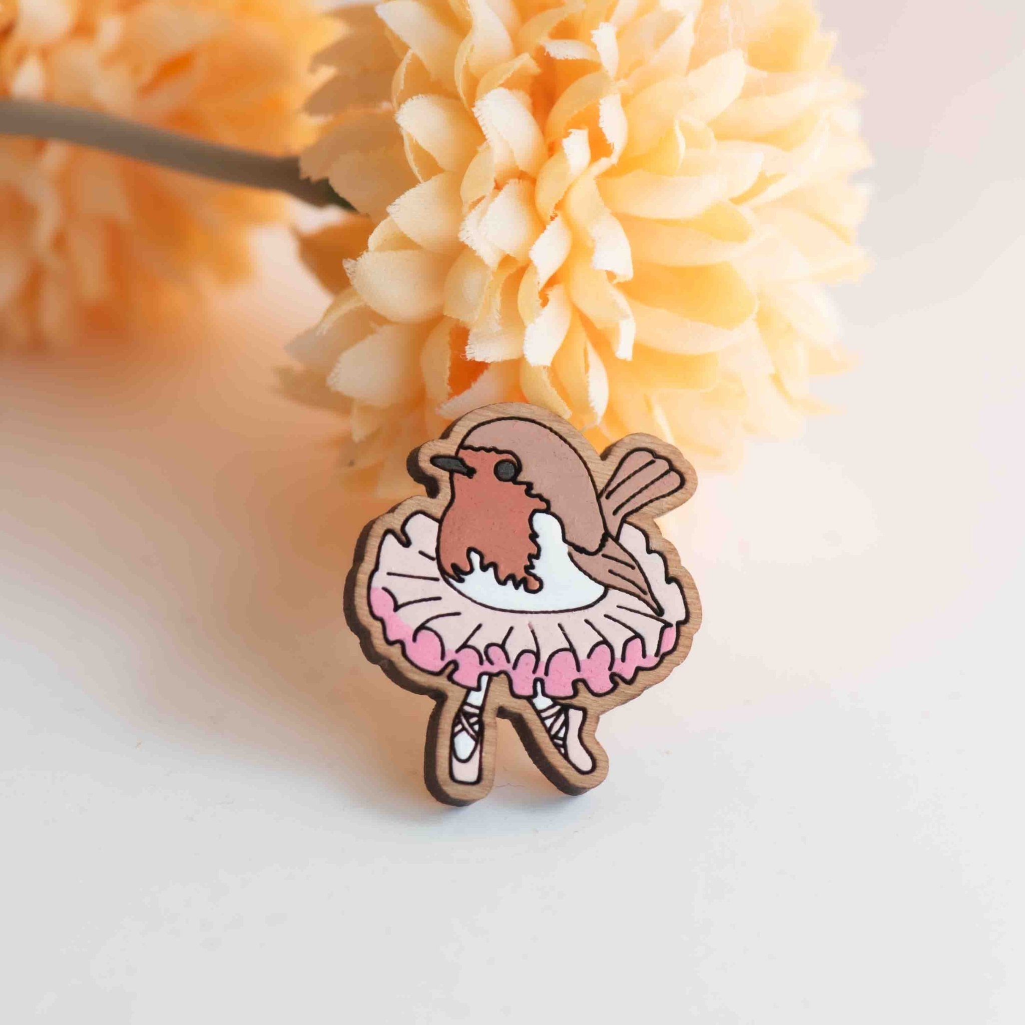 Hand - painted Robin Bird Ballerina Wooden Pin Badge - PB42115 - Robin Valley Official Store