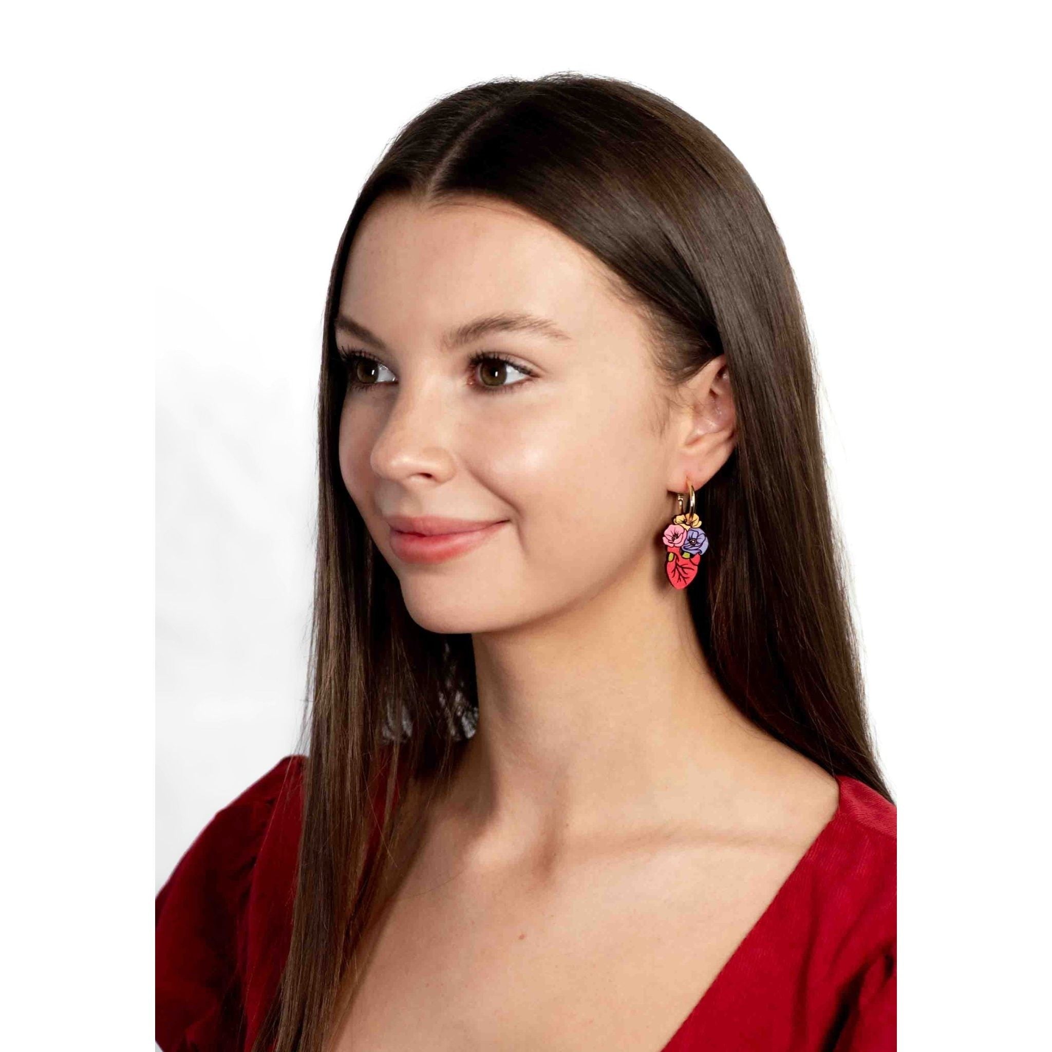 Hand - Painted Rose Anatomy Heart Wooden Hoop Earrings - PEO14212H - Robin Valley Official Store