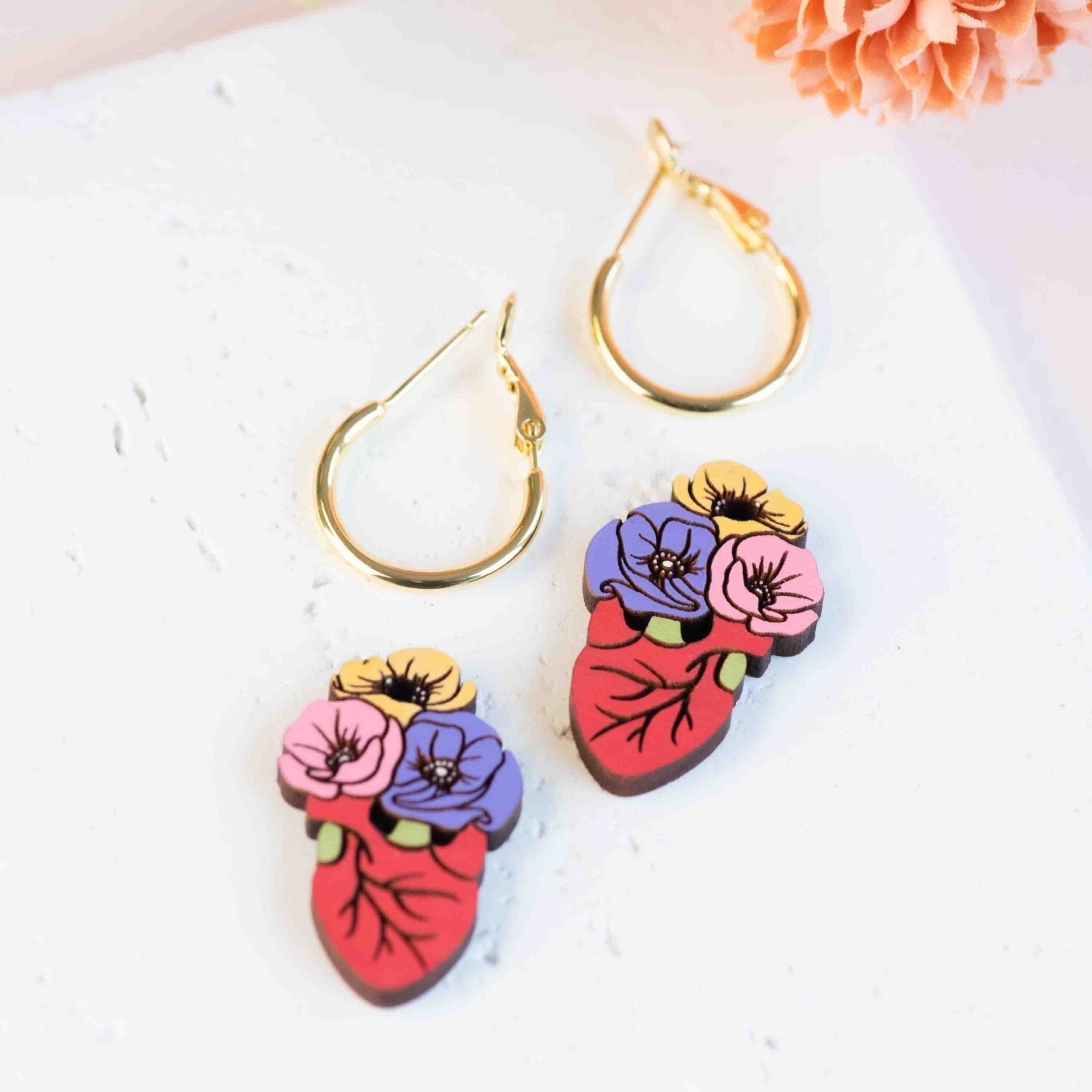 Hand - Painted Rose Anatomy Heart Wooden Hoop Earrings - PEO14212H - Robin Valley Official Store
