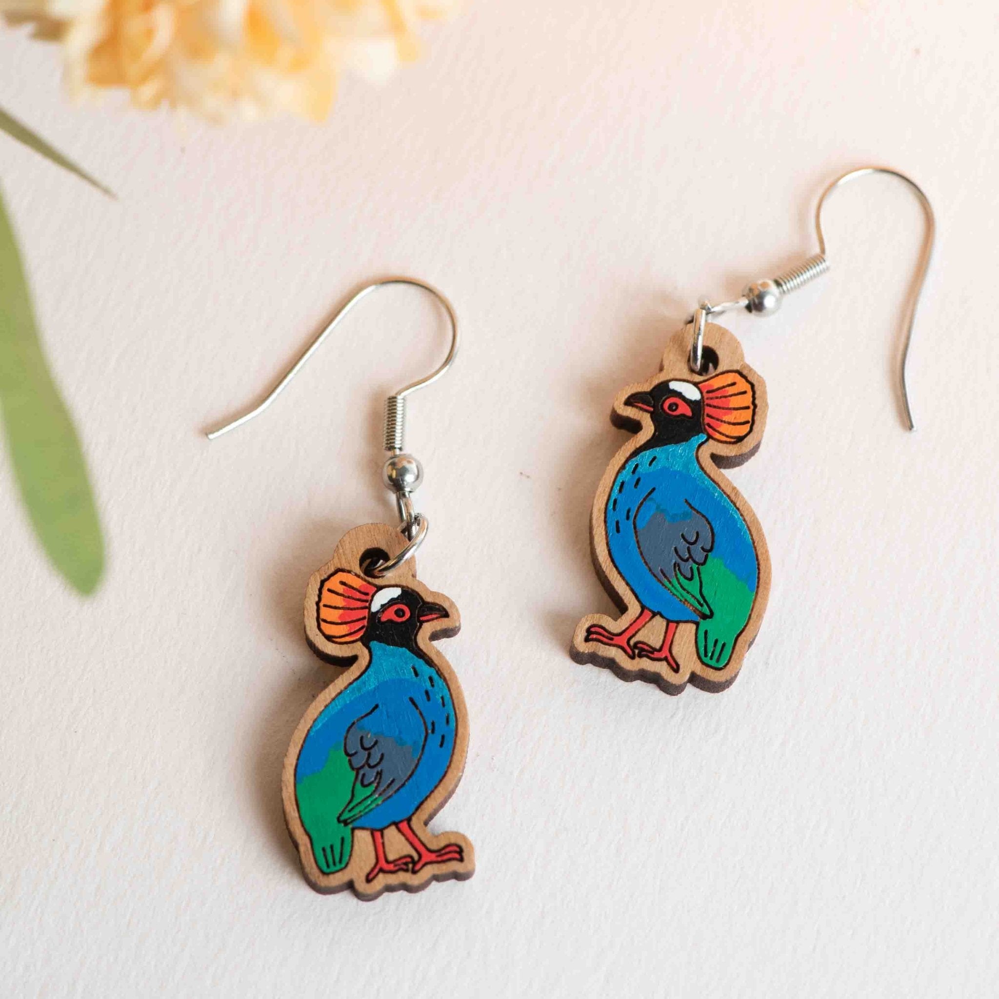 Hand - painted Roul Roul Bird Wooden Hook Earrings - PEB12124D - Robin Valley Official Store