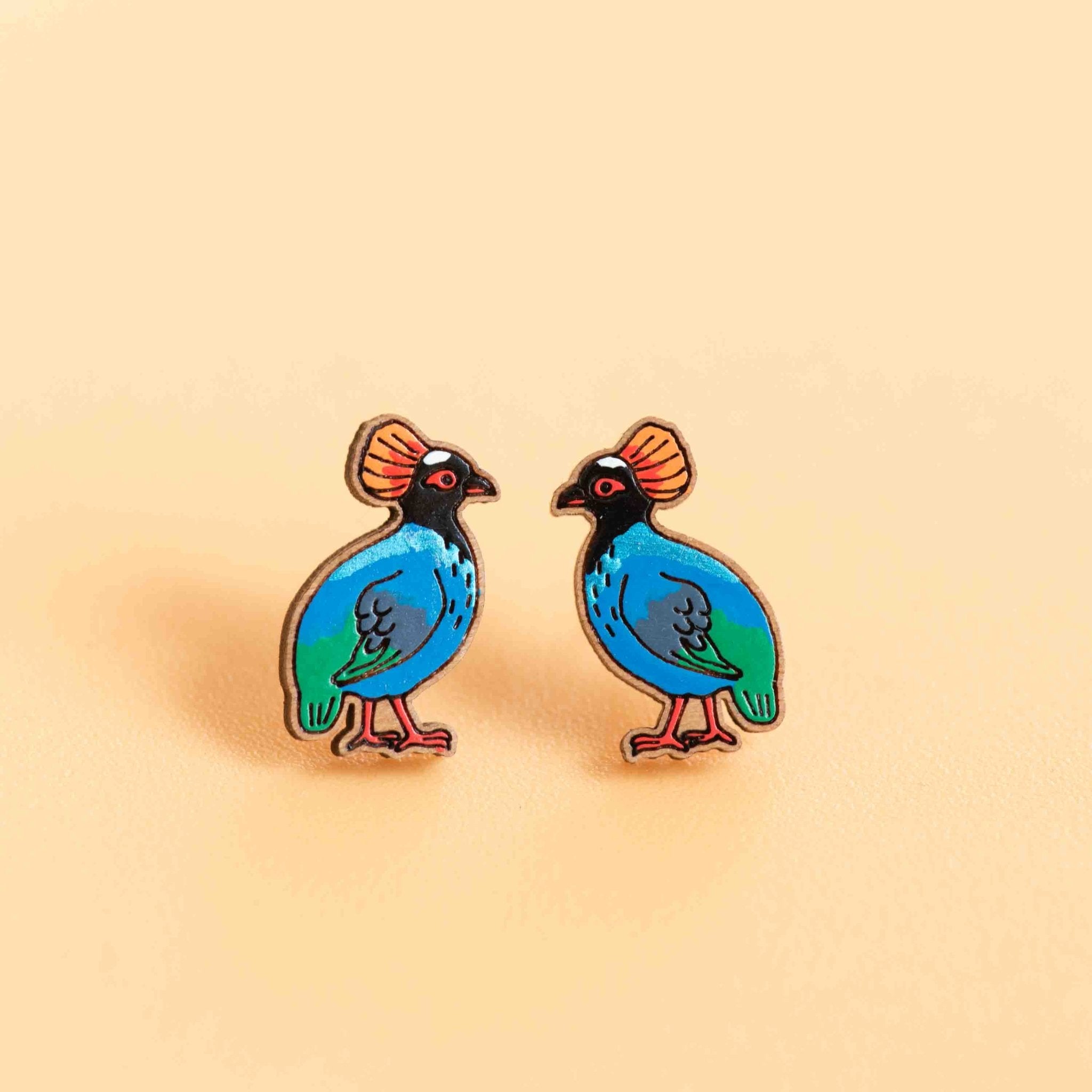 Hand - painted Roul Roul Bird Wooden Stud Earrings - PEB12124 - Robin Valley Official Store