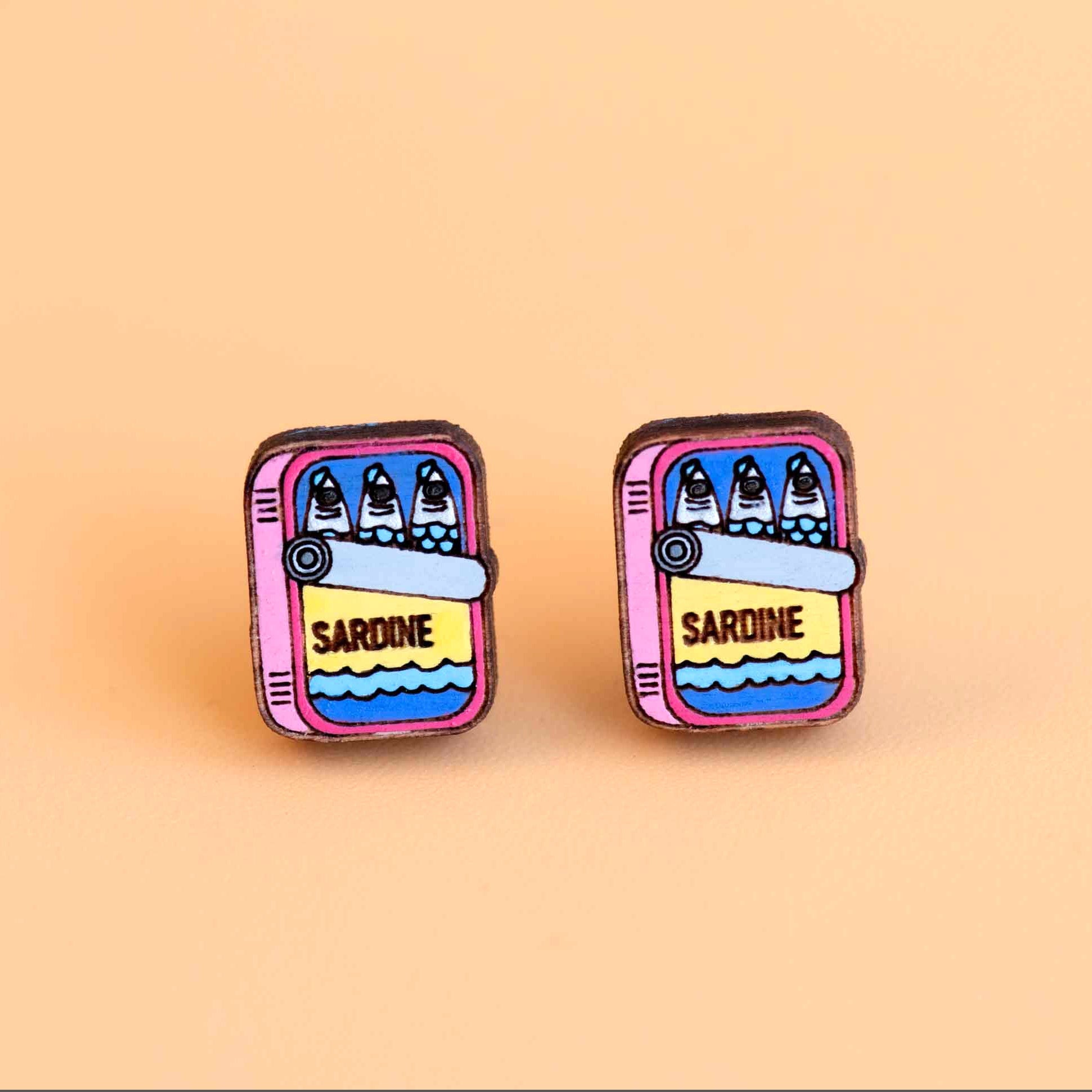 Hand - painted Sardine Can Wooden Stud Earrings - PET15259 - Robin Valley Official Store