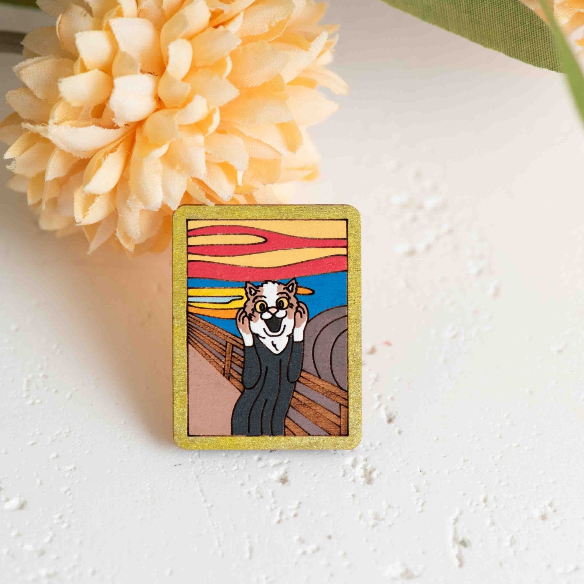 Hand - painted Scream Cat Wooden Pin Badge - PA45061 - Robin Valley Official Store