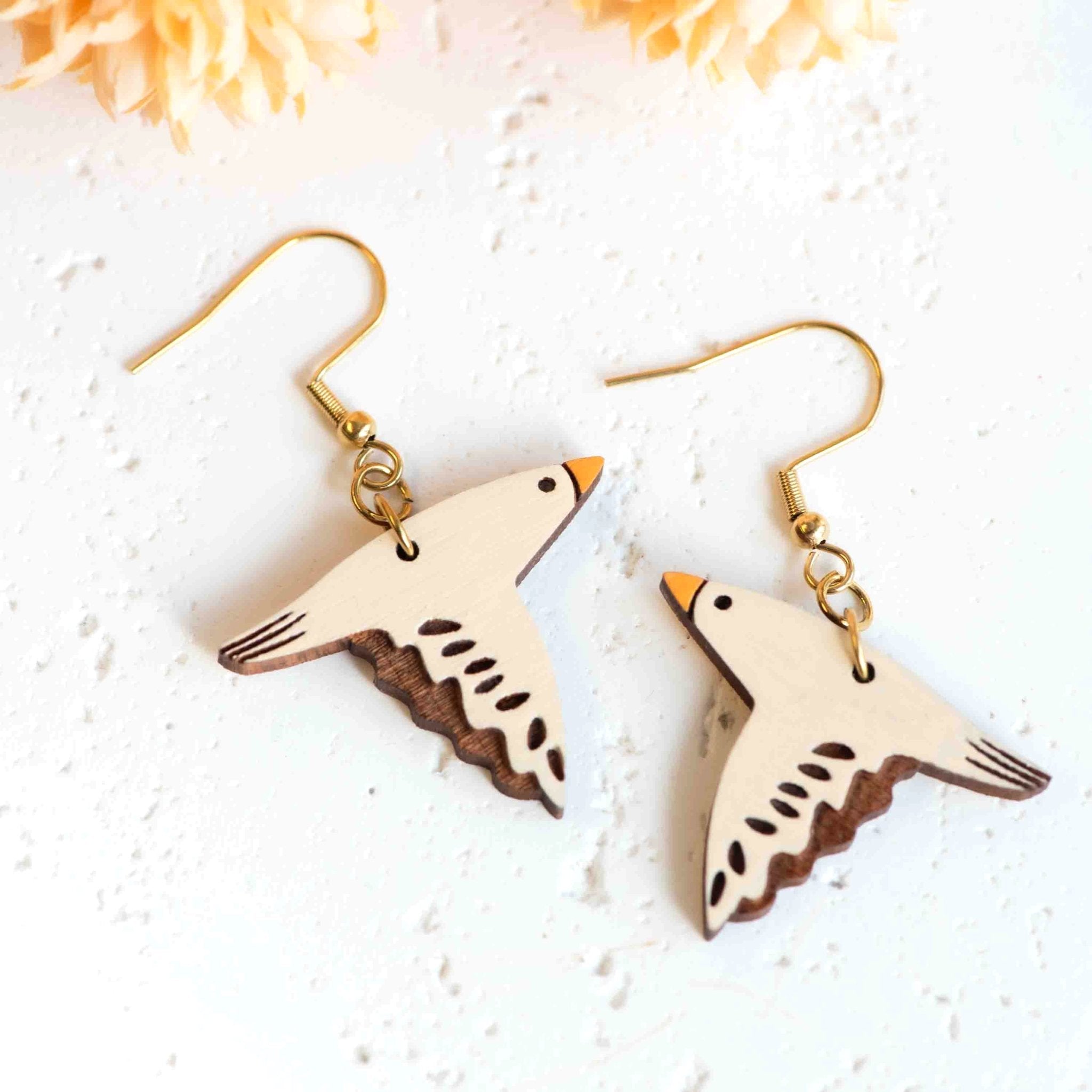 Hand - painted Seagull Wooden Hook Earrings - PEB12097D - Robin Valley Official Store