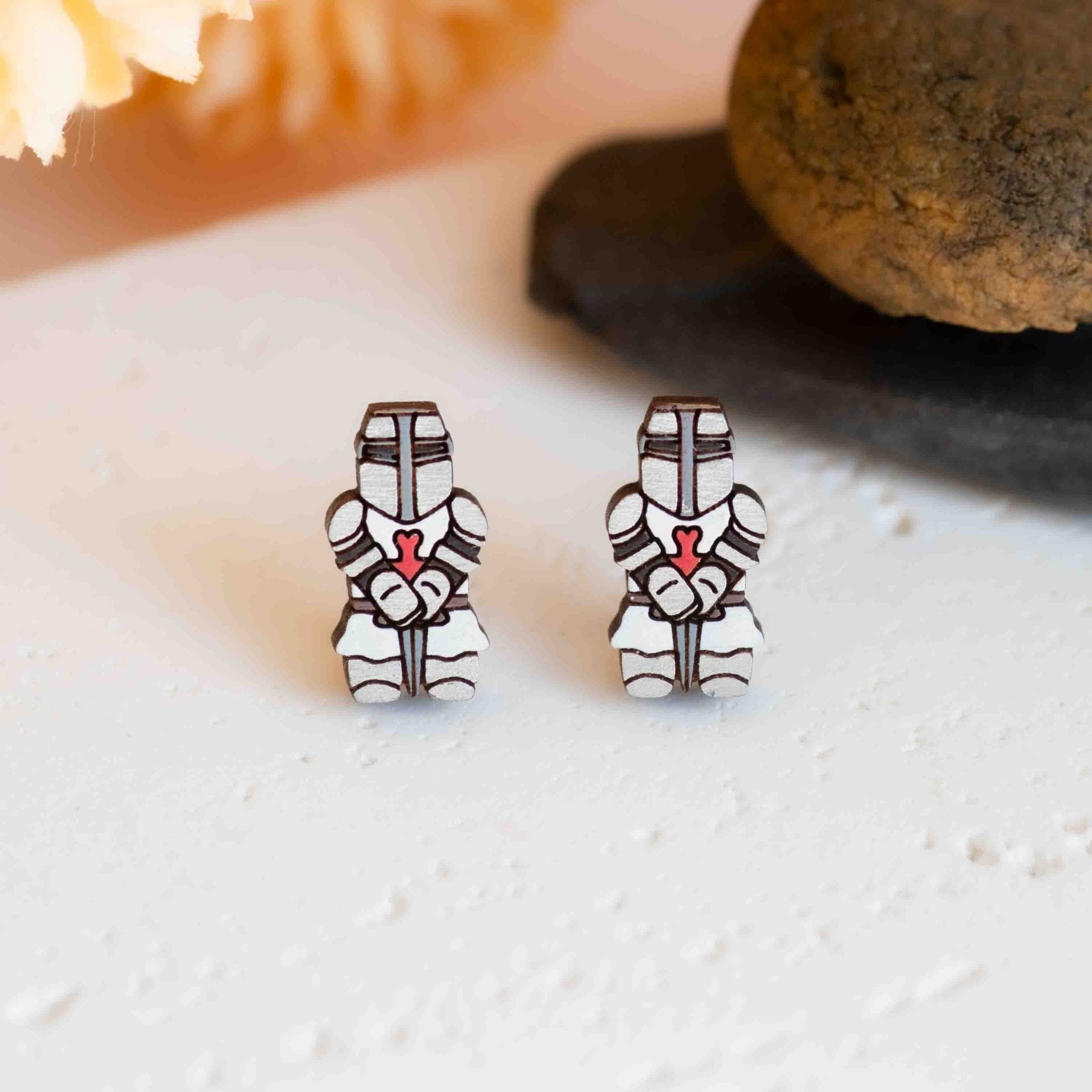 Hand - painted Silver Knight Wooden Stud Earrings - PEO14266 - Robin Valley Official Store