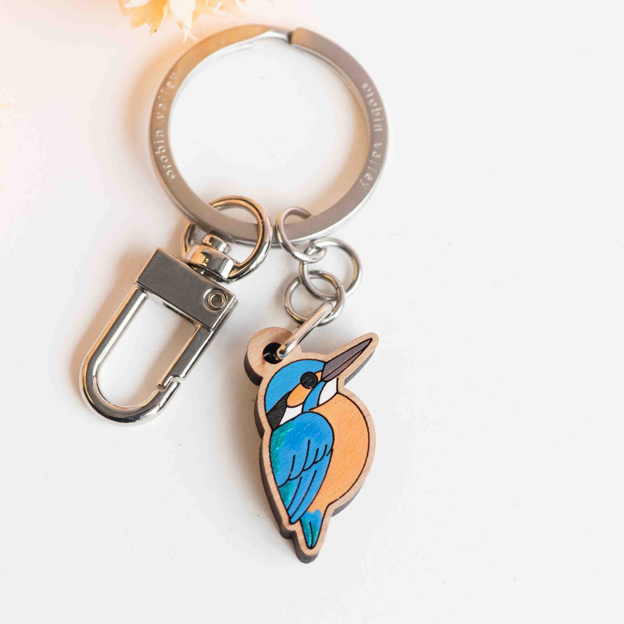 Hand - painted Simple Kingfisher Wooden Keyring - KB22111 - Robin Valley Official Store