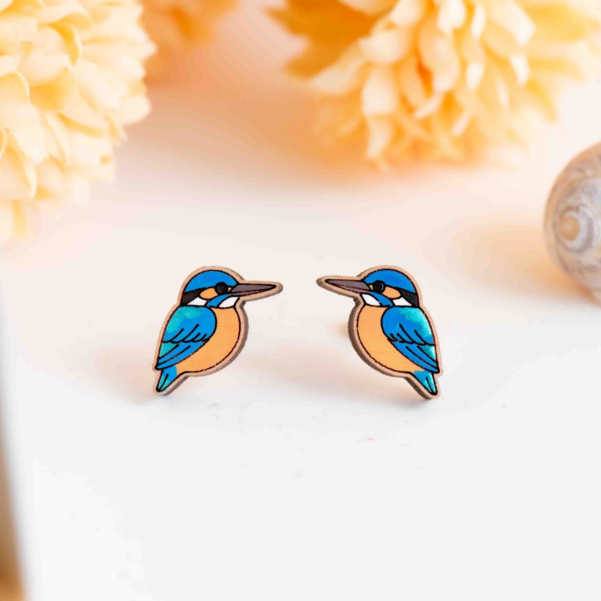 Hand - painted Simple Kingfisher Wooden Stud Earrings - PEB12111 - Robin Valley Official Store