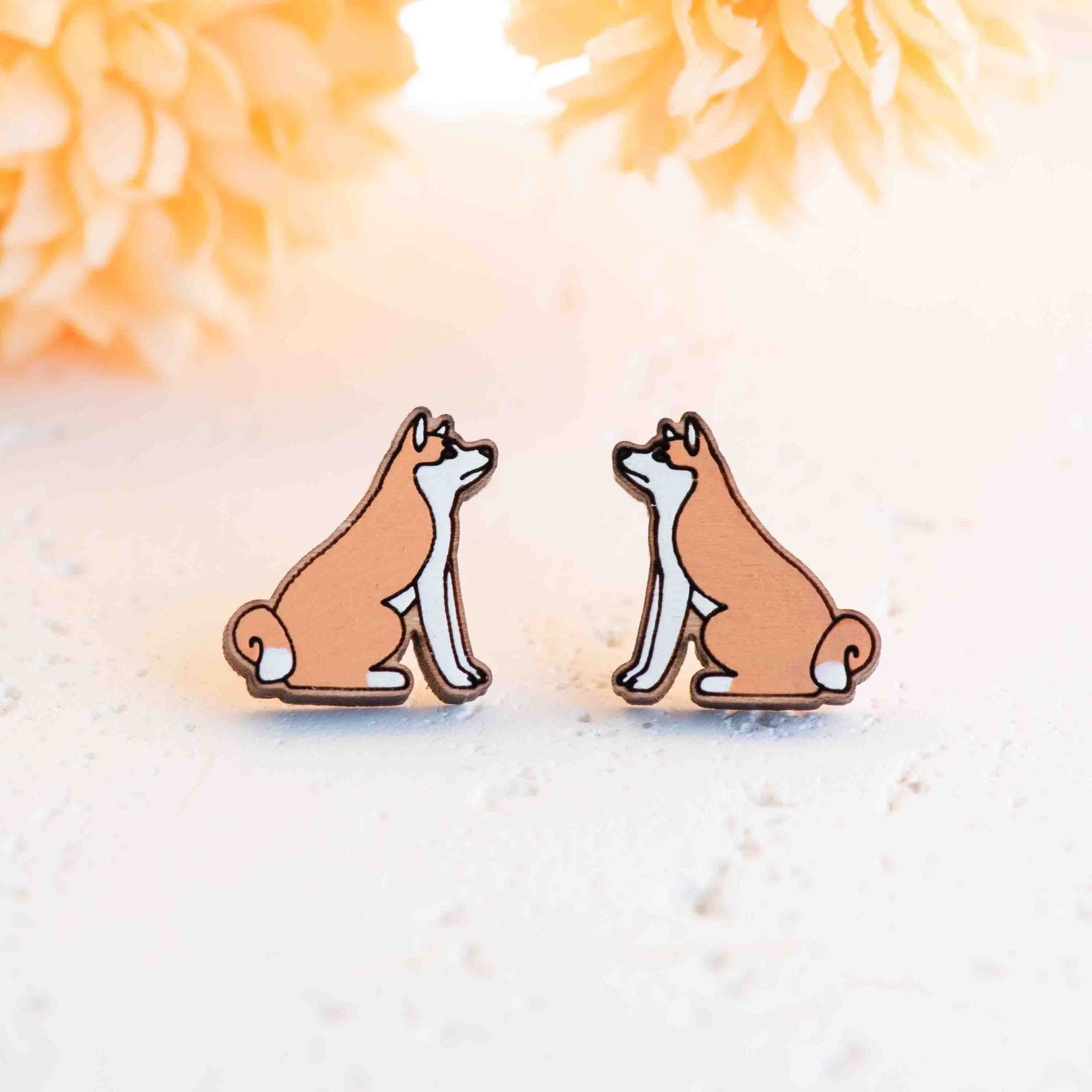 Hand - painted Sitting Akita Wooden Stud Earrings - PEL10420 - Robin Valley Official Store