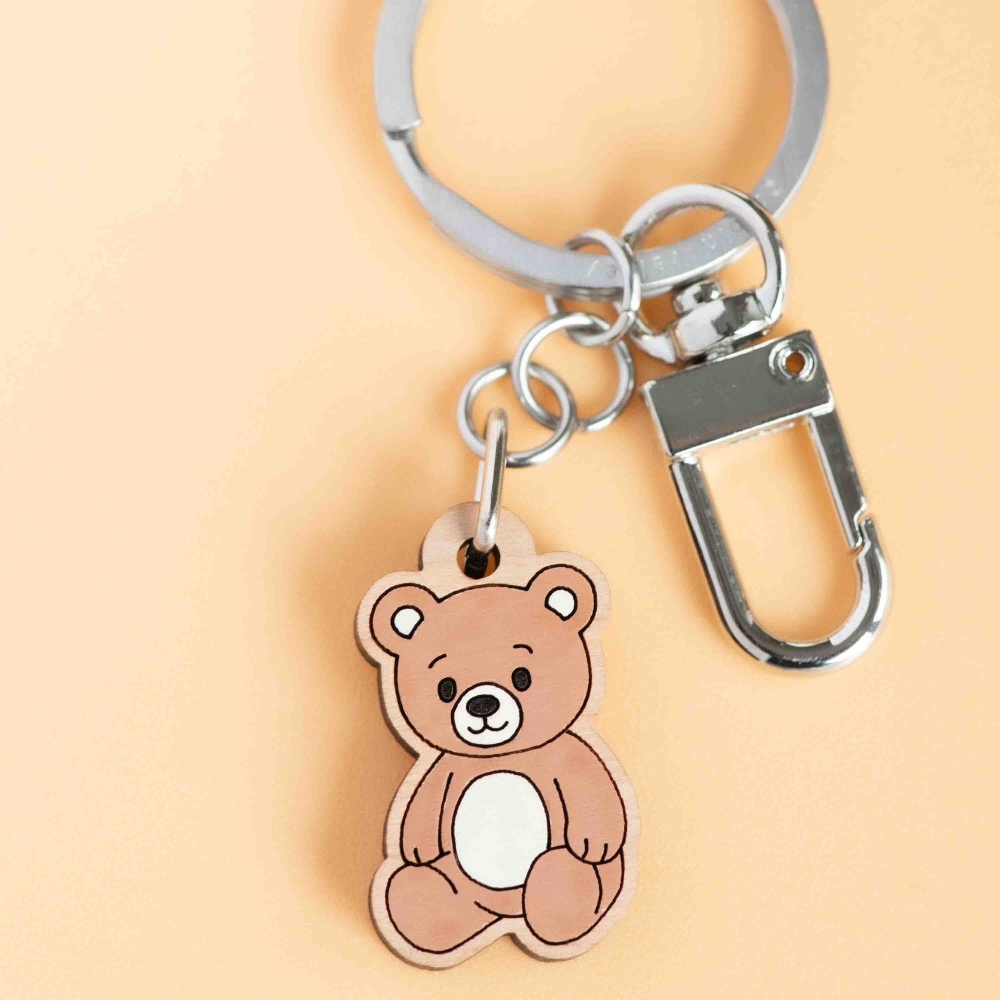 Hand - painted Sitting Teddy Wooden Keyring - KL20444 - Robin Valley Official Store