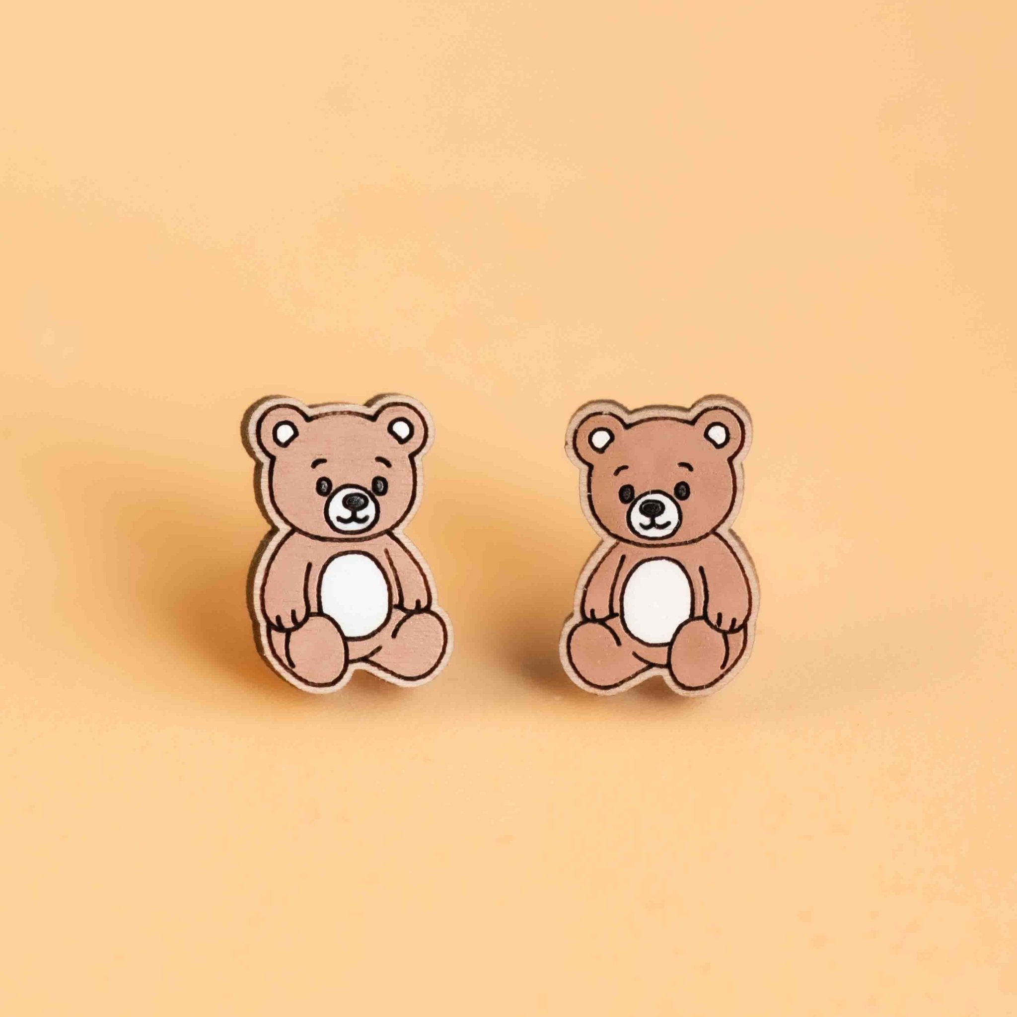 Hand - painted Sitting Teddy Wooden Stud Earrings - PEL10444 - Robin Valley Official Store