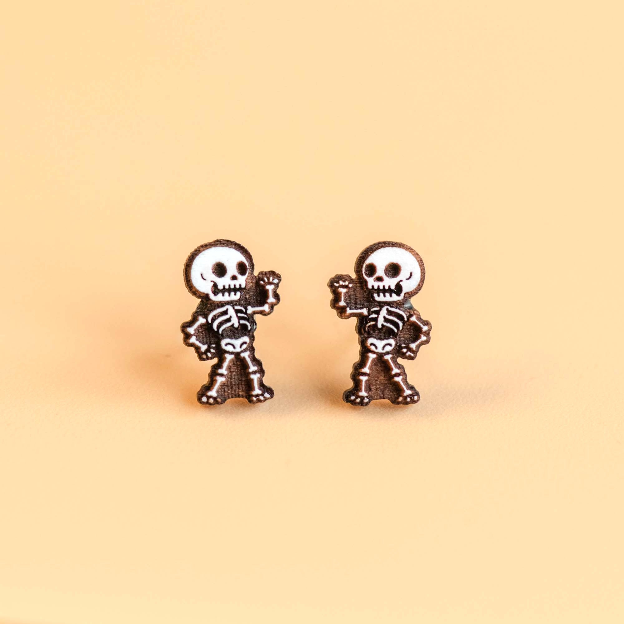 Hand - painted Skeleton Wooden Stud Earrings - PET15247 - Robin Valley Official Store