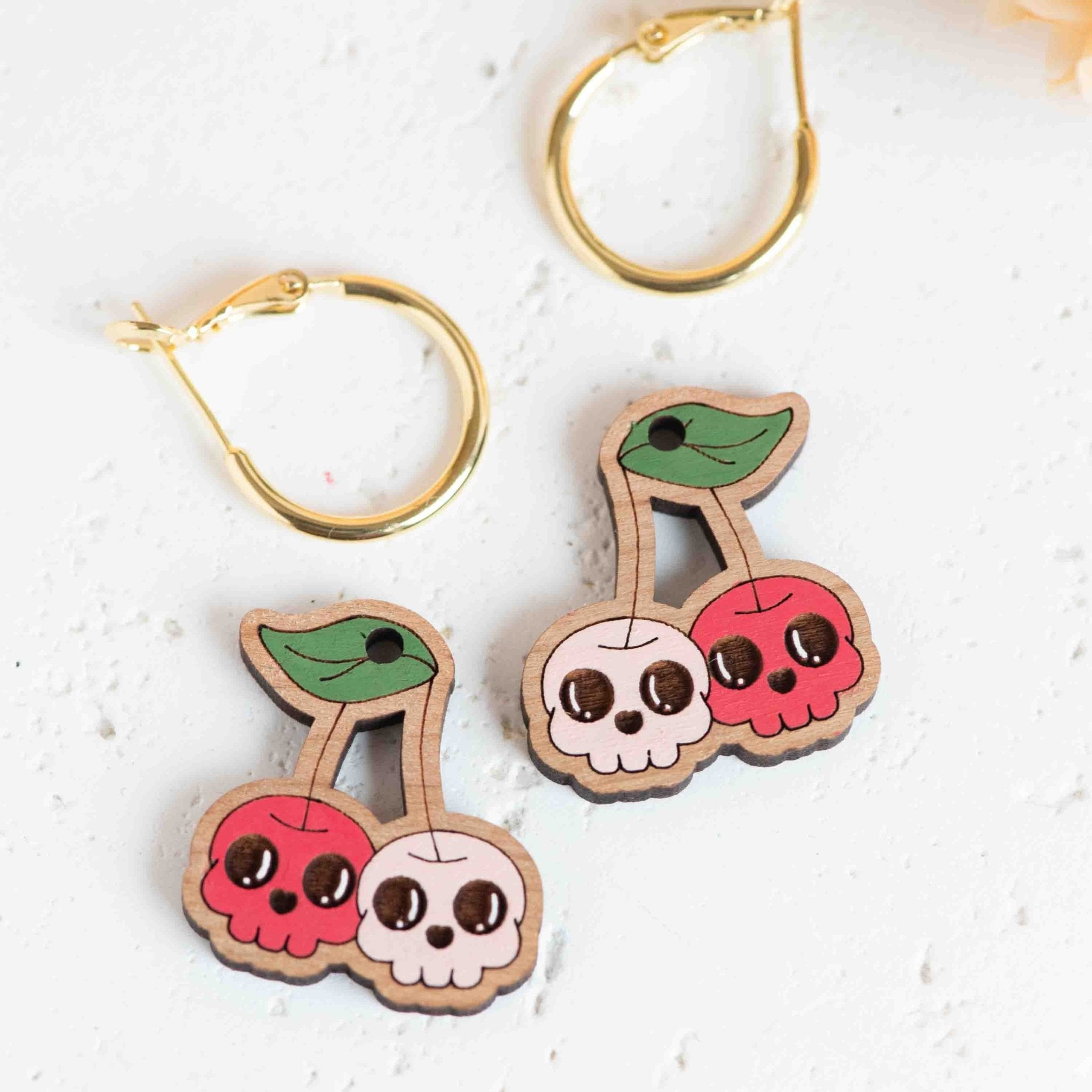 Hand - painted Skull Cherry Hoop Earrings - PET15440H - Robin Valley Official Store