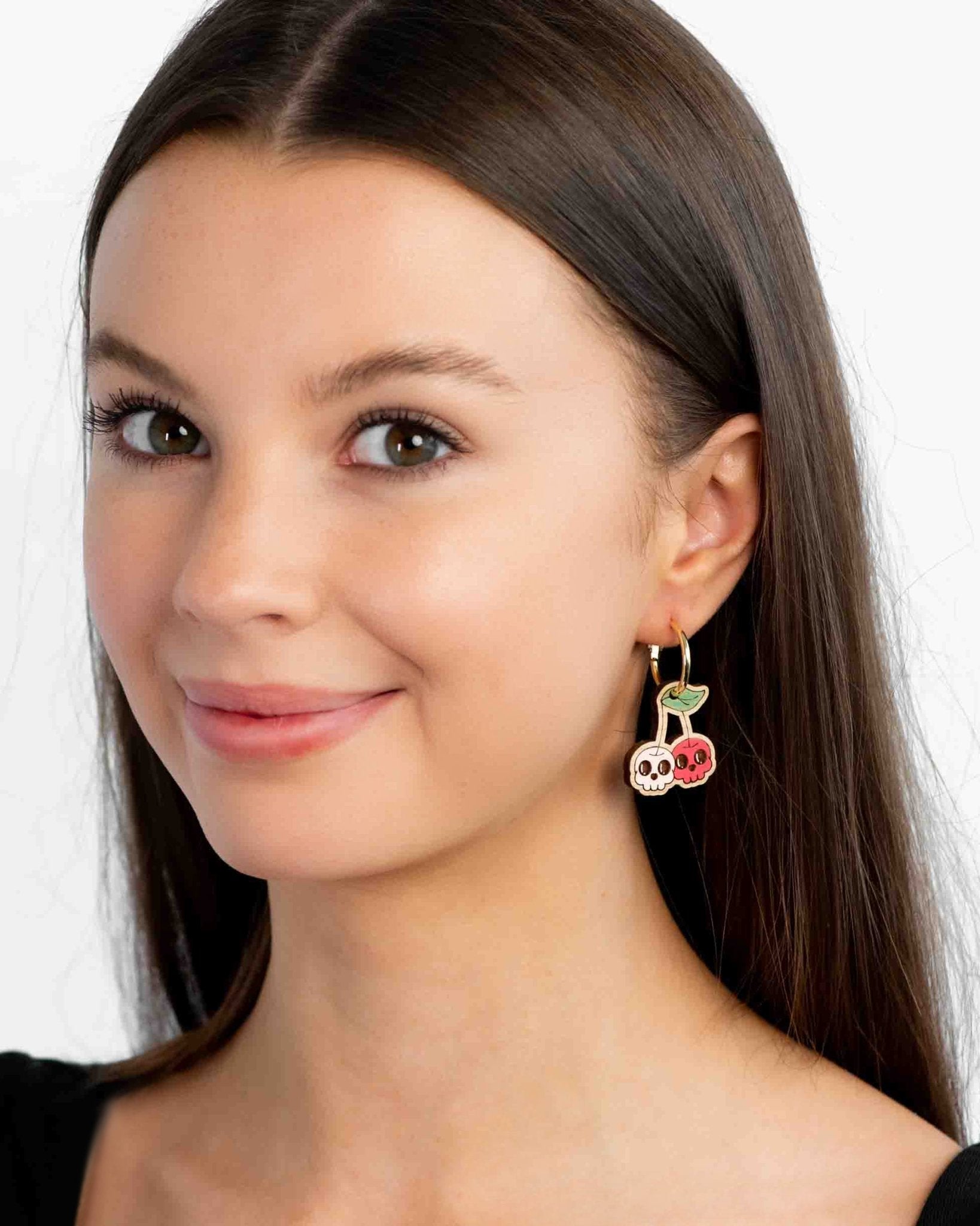 Hand - painted Skull Cherry Hoop Earrings - PET15440H - Robin Valley Official Store