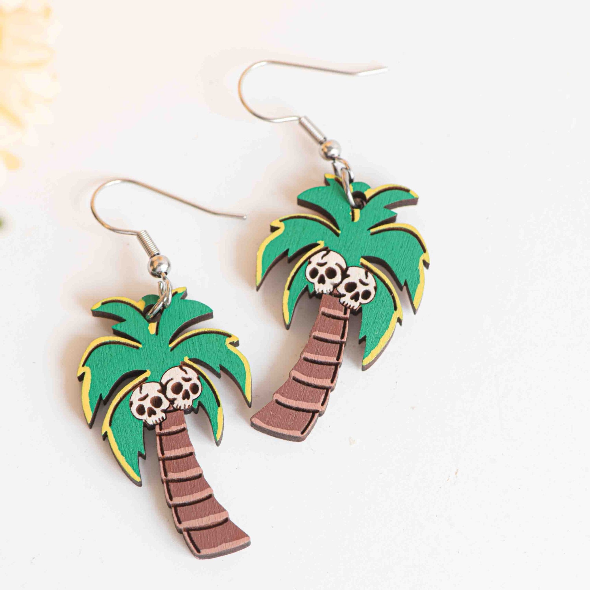 Hand - painted Skull Coconut Palm Tree Wooden Hook Earrings - PEO14255D - Robin Valley Official Store