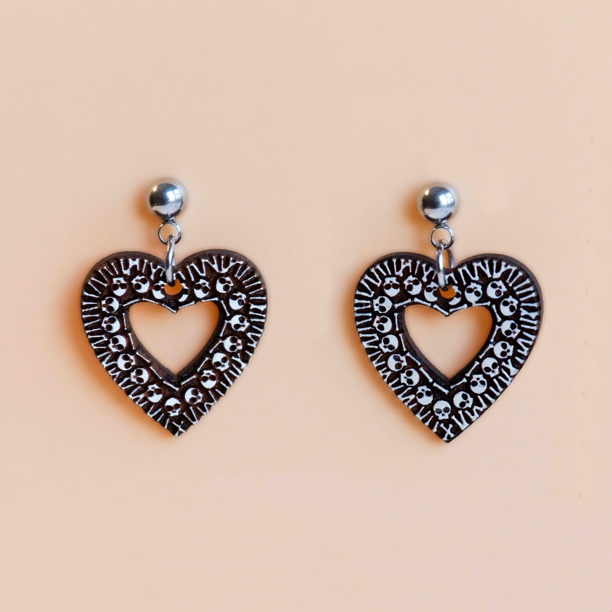 Hand - Painted Skull Heart Dangle Earrings - PEA16053H - Robin Valley Official Store
