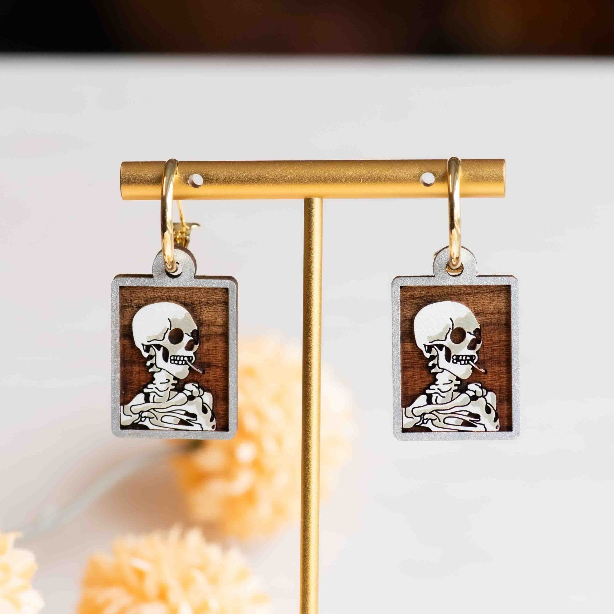 Hand - painted Skull of a Skeleton with Burning Cigarette Hoop Earrings - PET15309H - Robin Valley Official Store