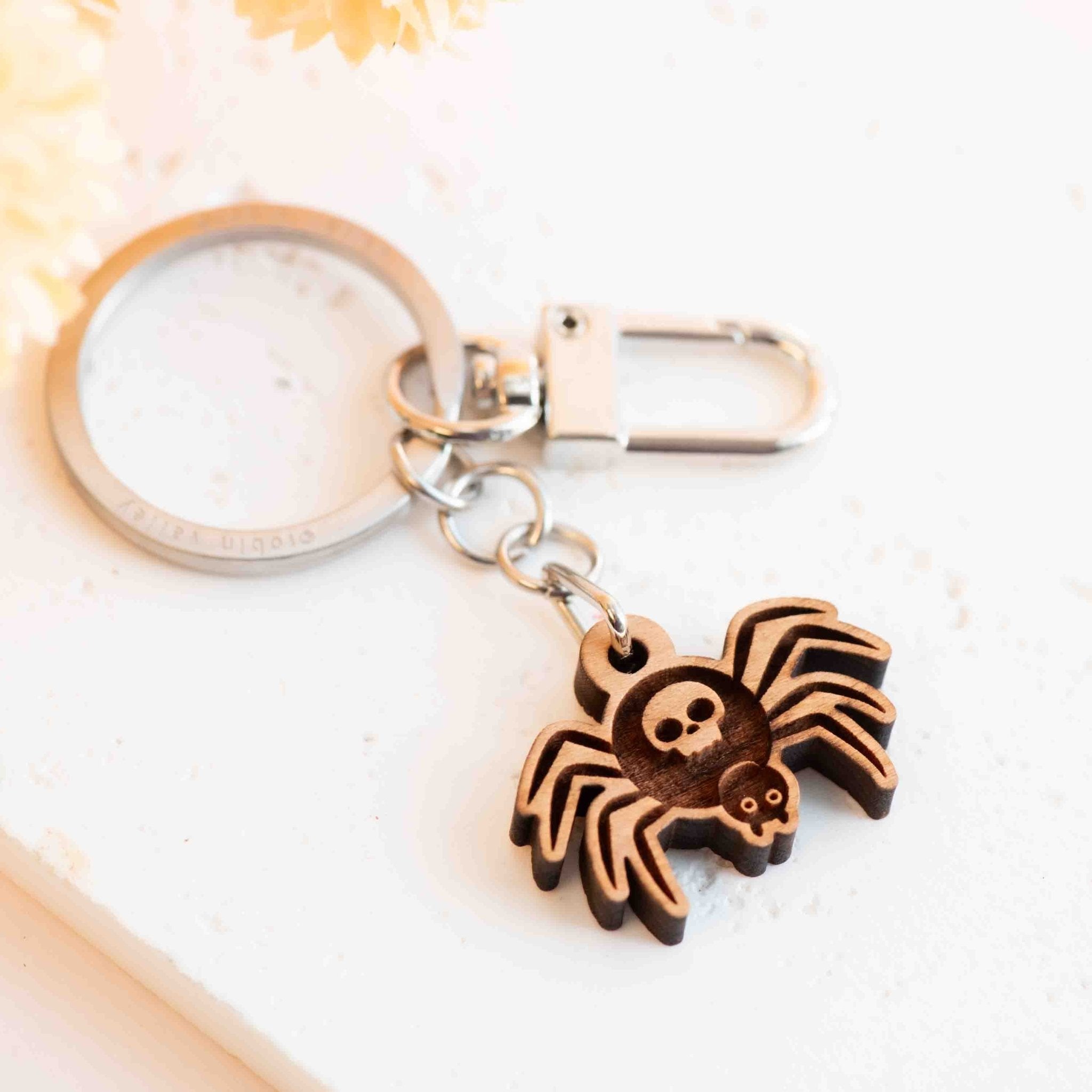 Hand - painted Skull Spider Wooden Keyring - KO24053 - Robin Valley Official Store