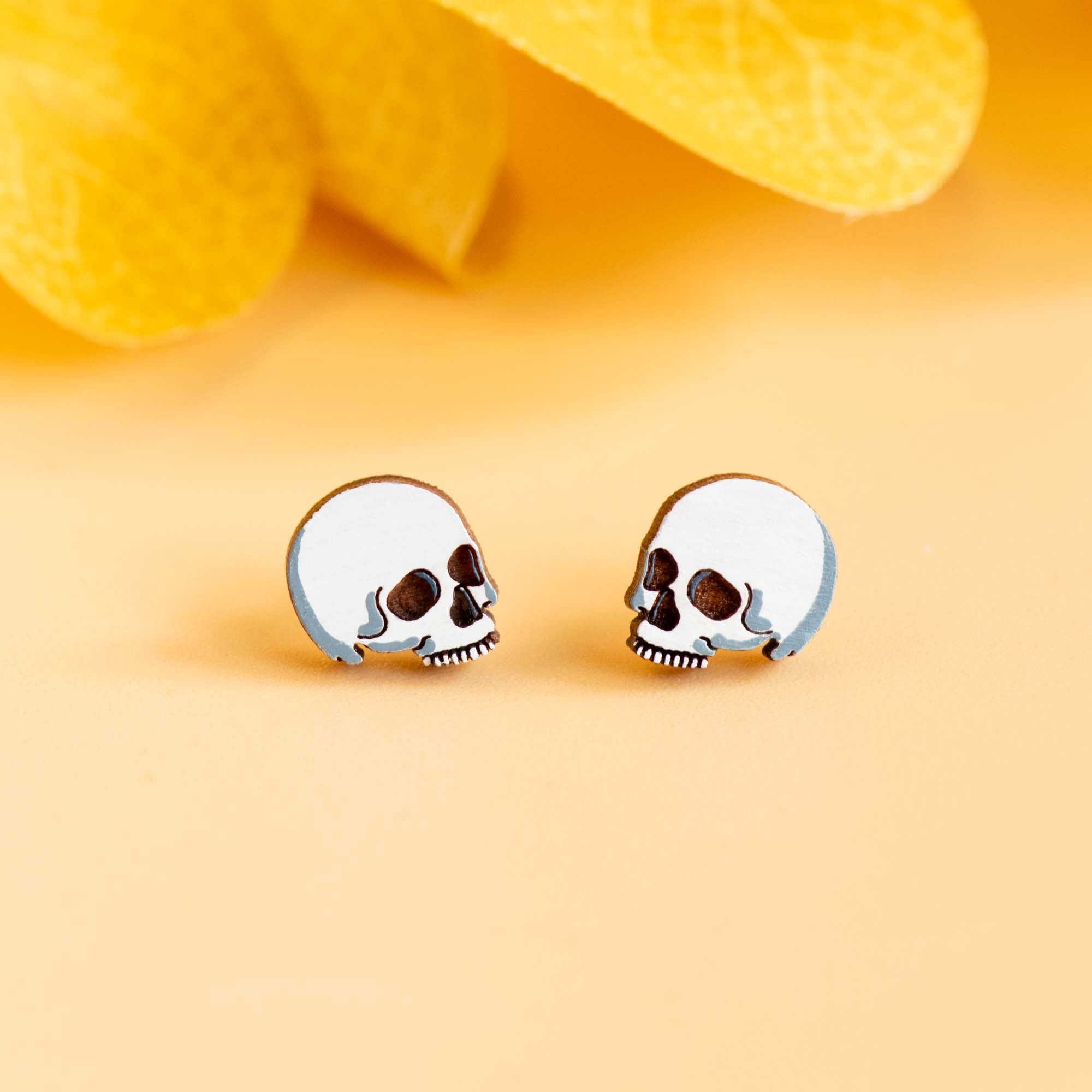 Hand - painted Skull Wooden Stud Earrings - PET15307 - Robin Valley Official Store