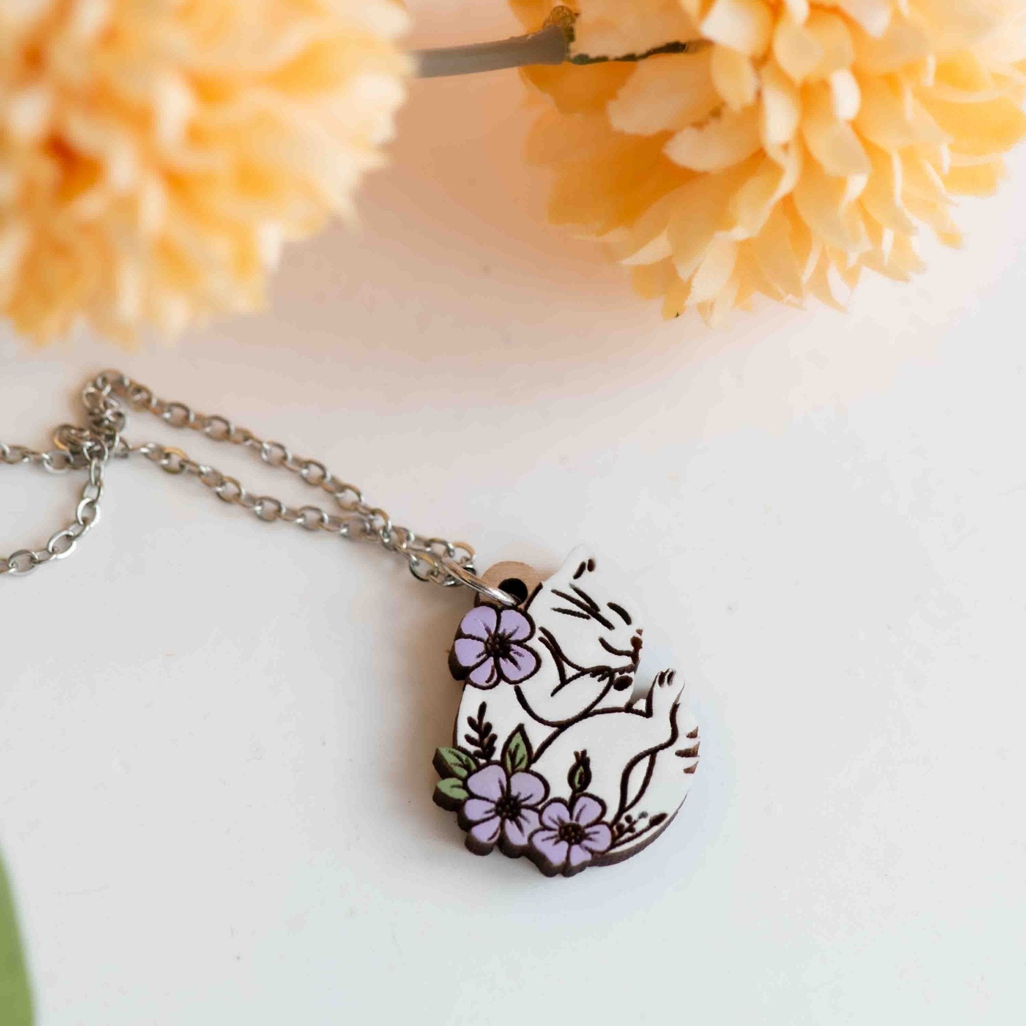 Hand Painted Sleeping Cat Flora Wooden Necklace - NL60394P/O - Robin Valley Official Store