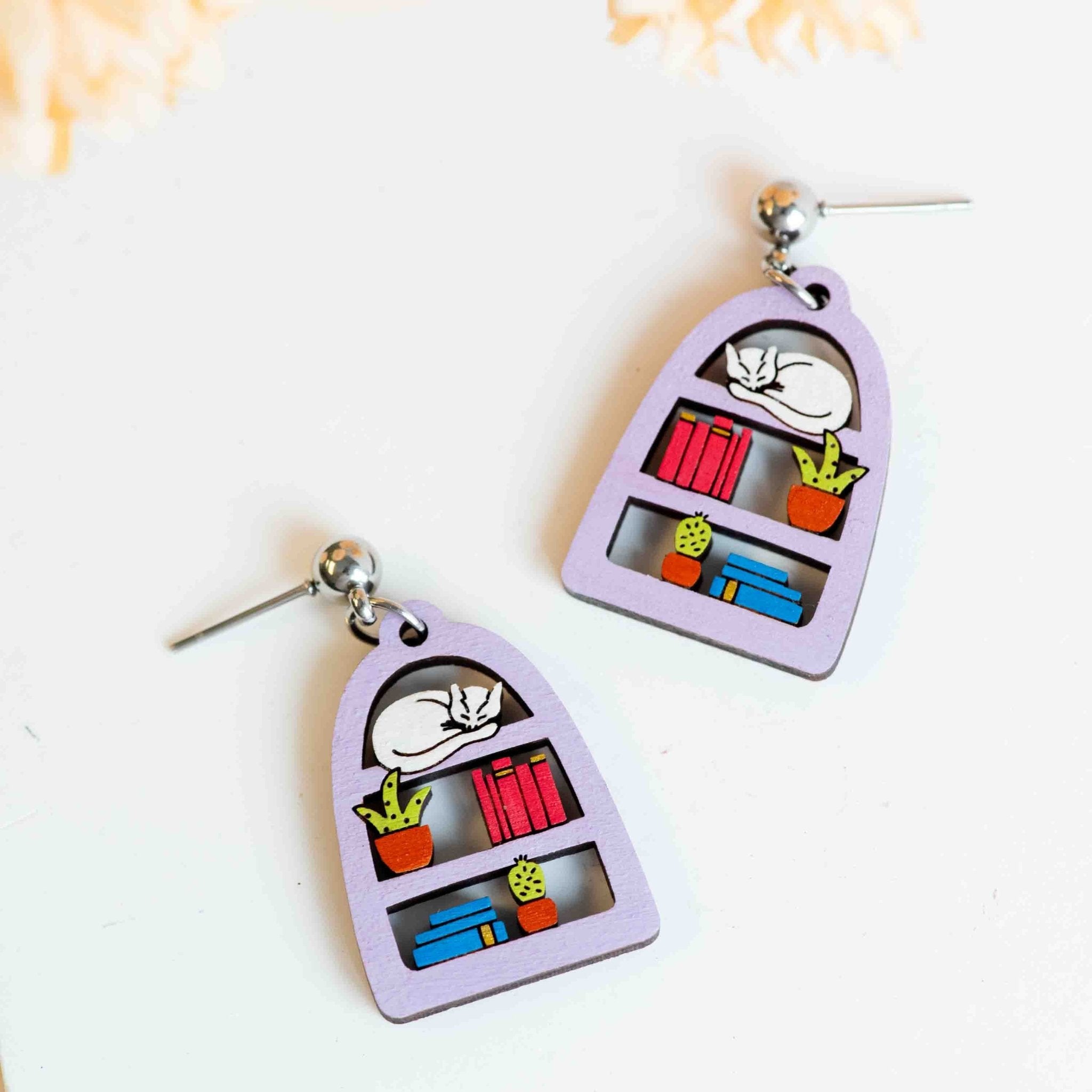 Hand - painted Sleeping Cat on Book Shelf Wooden Dangle Earrings - PEL10457D - Robin Valley Official Store