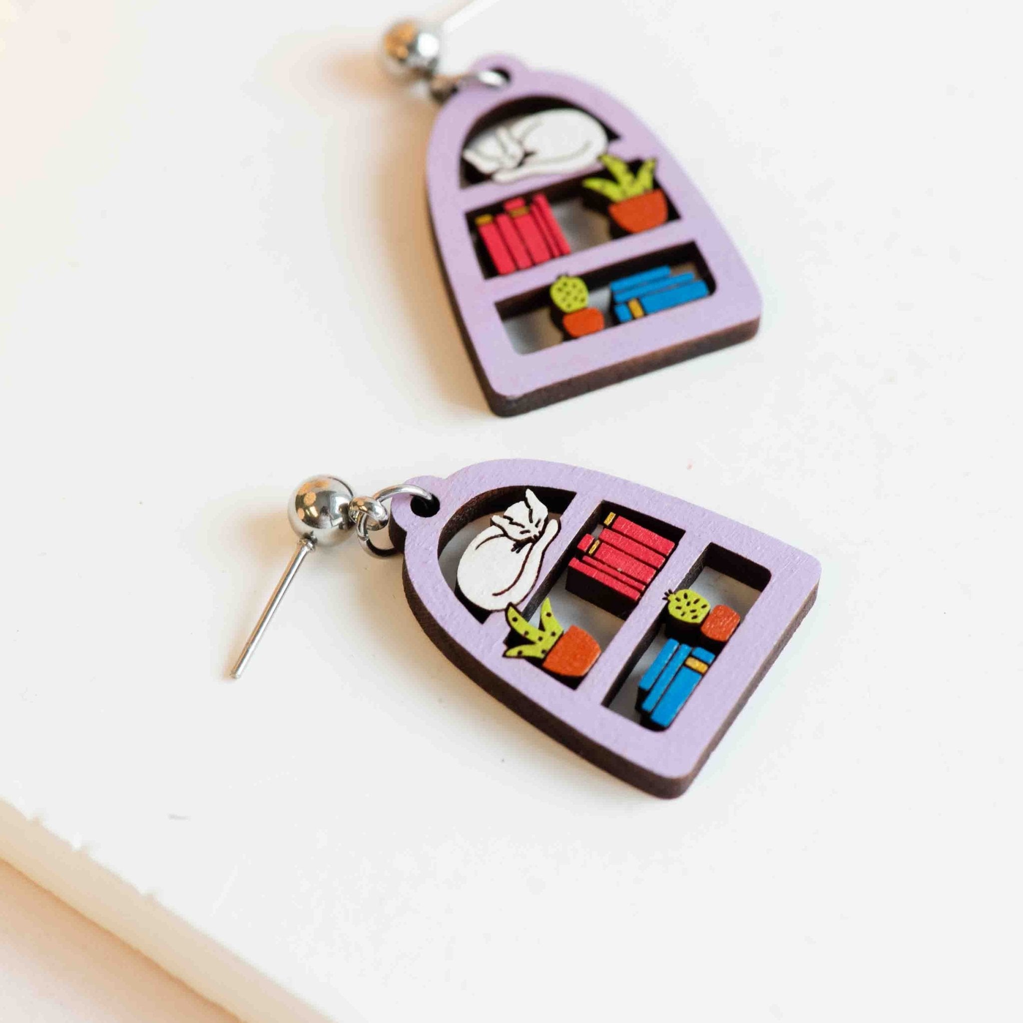 Hand - painted Sleeping Cat on Book Shelf Wooden Dangle Earrings - PEL10457D - Robin Valley Official Store