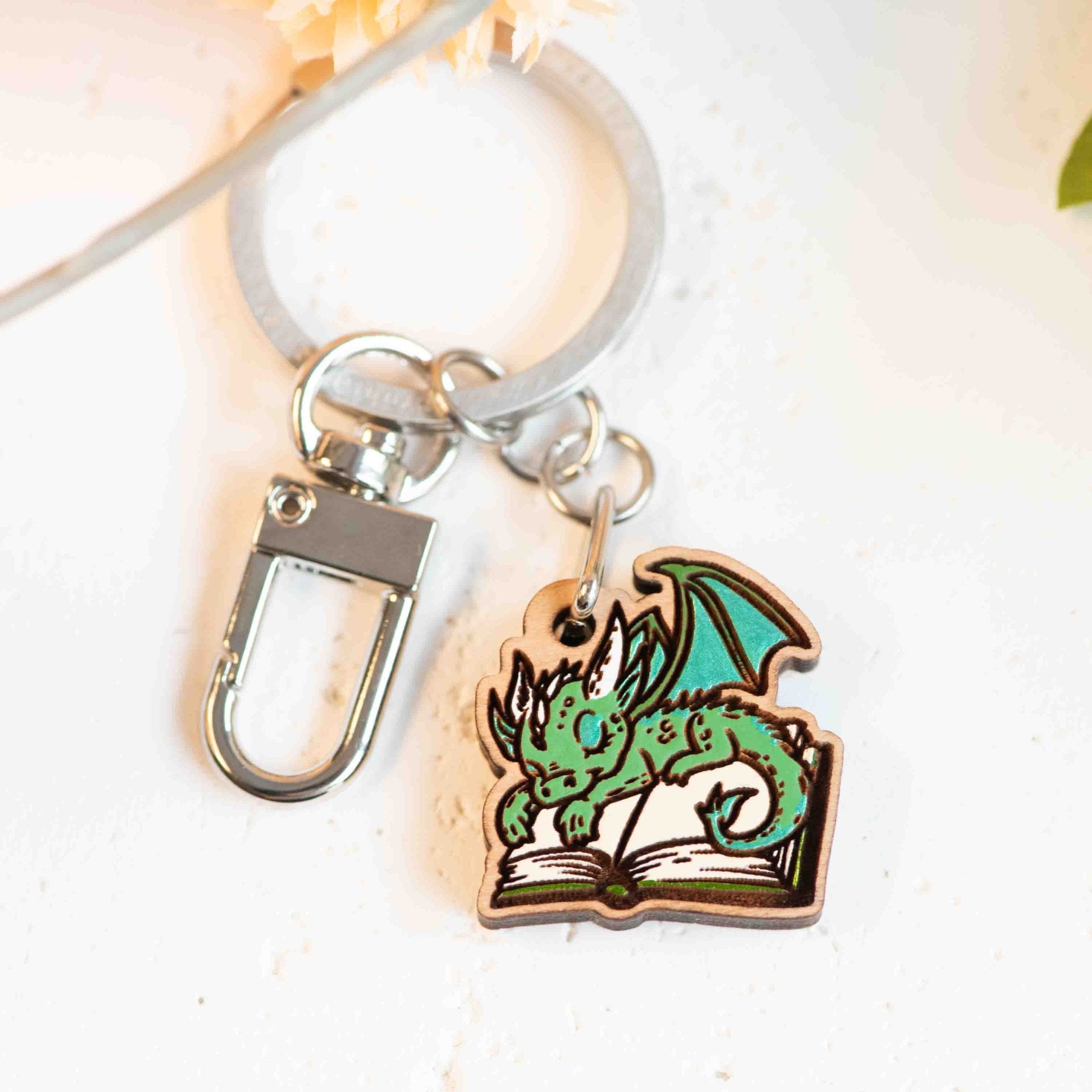 Hand - painted Sleeping Dragon on Book Wooden Keyring - KO24217 - Robin Valley Official Store